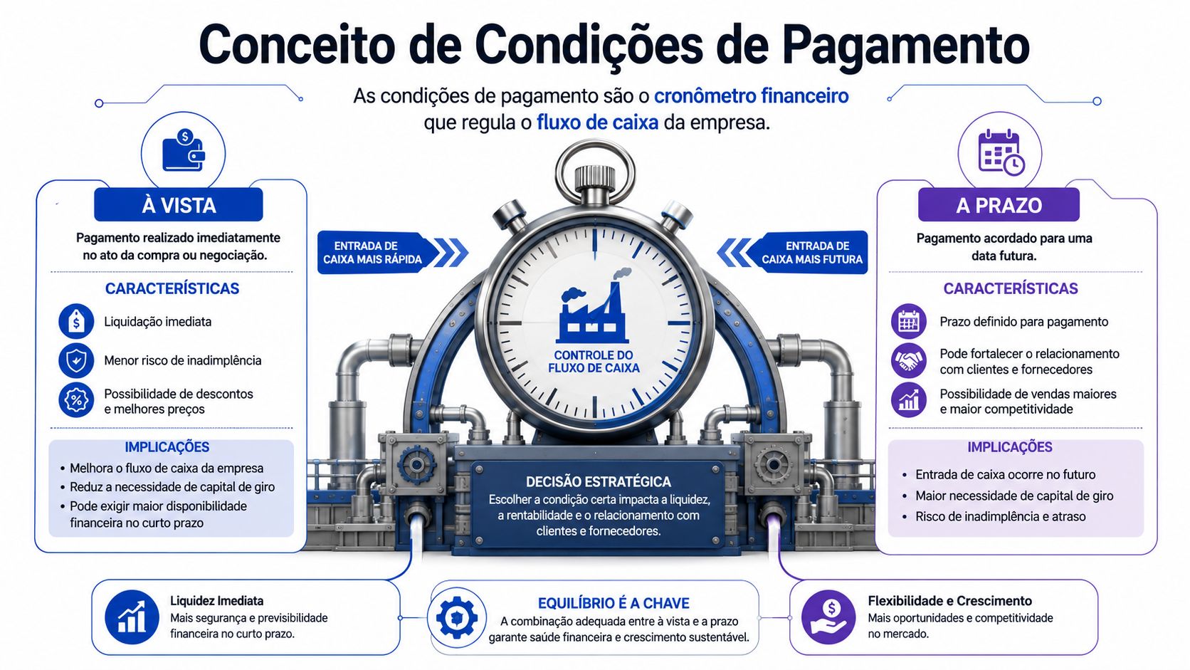 Infográfico explicativo sobre condições de pagamento, destacando as diferenças estratégicas entre pagamentos à vista e a prazo.
