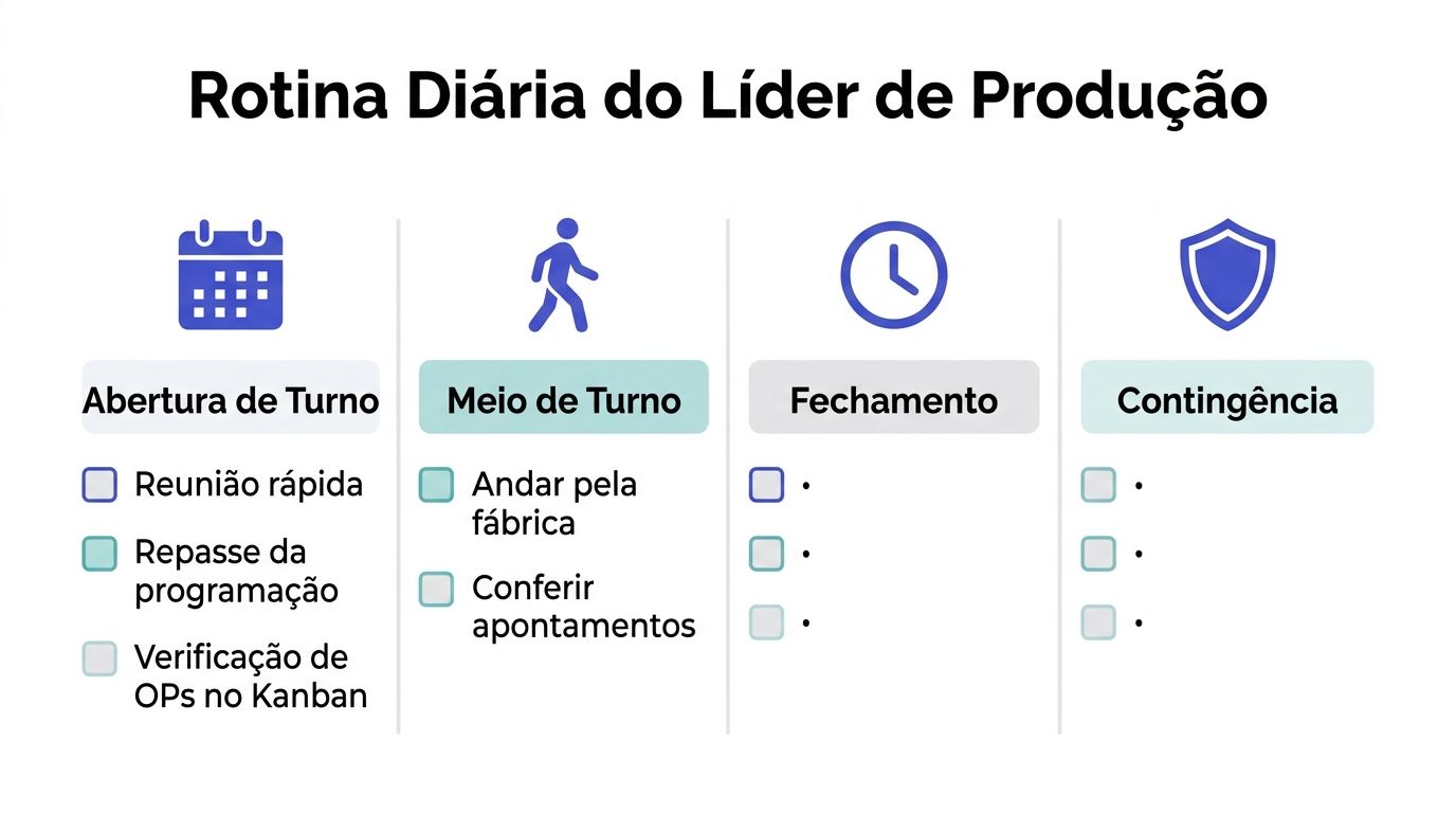 Gráfico mostrando a rotina diária de um líder de produção com tarefas divididas em quatro etapas principais.