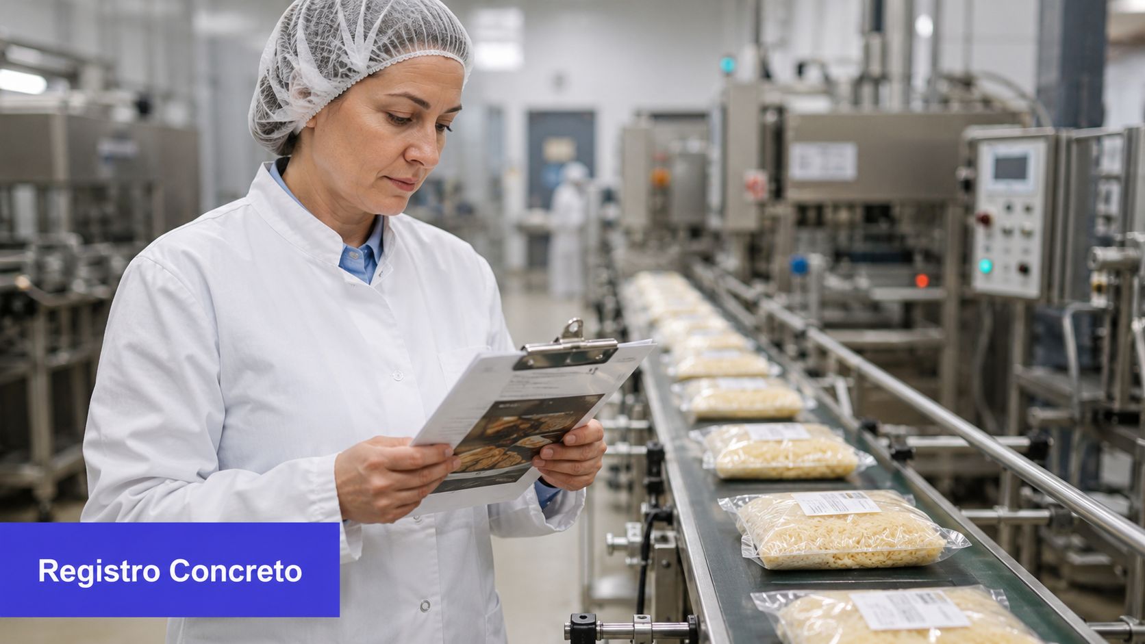 Uma funcionária de fábrica usando jaleco e touca inspeciona pacotes de queijo ralado na linha de produção.