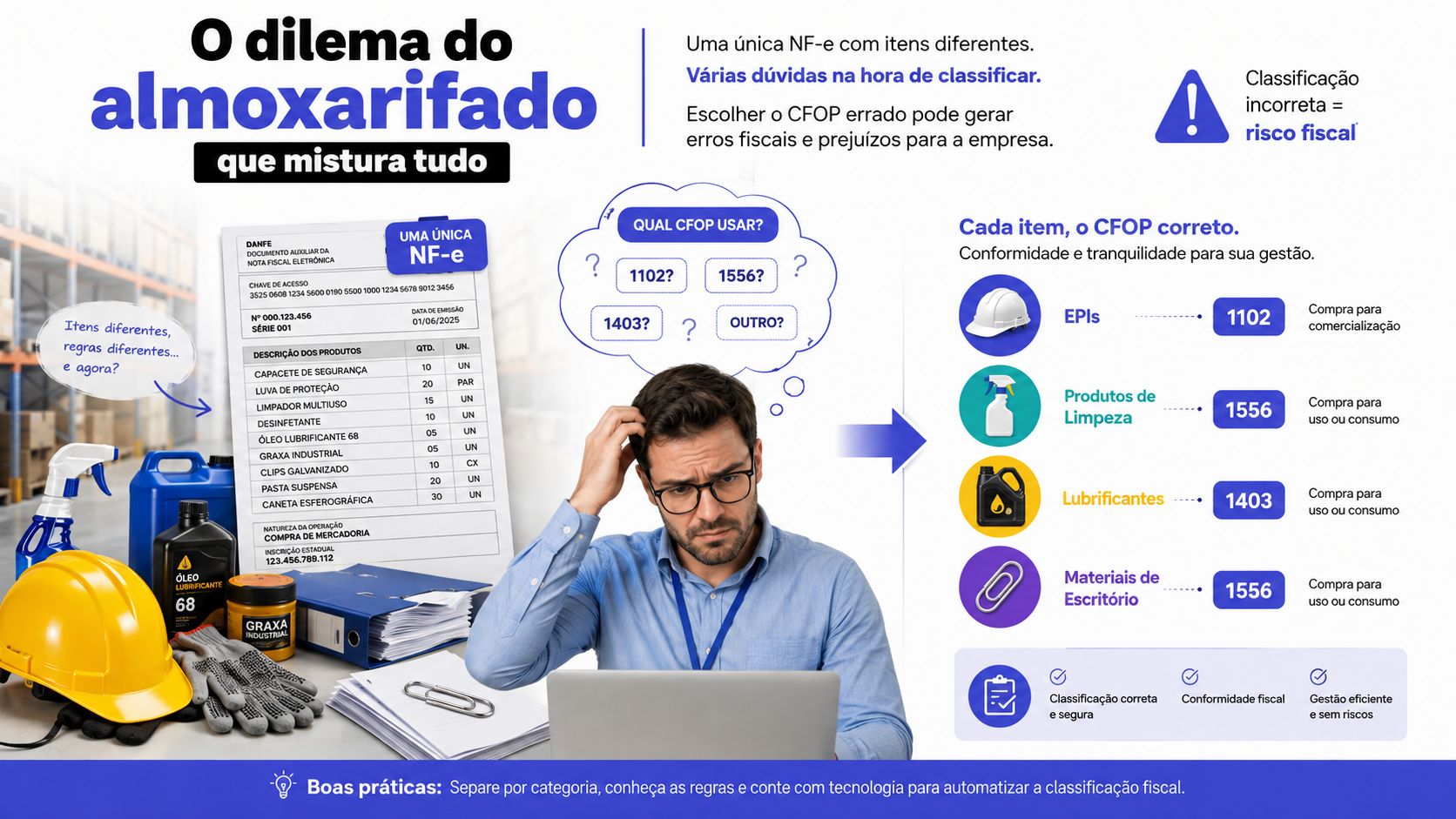 Infográfico sobre o dilema do almoxarifado ao classificar diferentes itens na nota fiscal eletrônica com CFOP correto.
