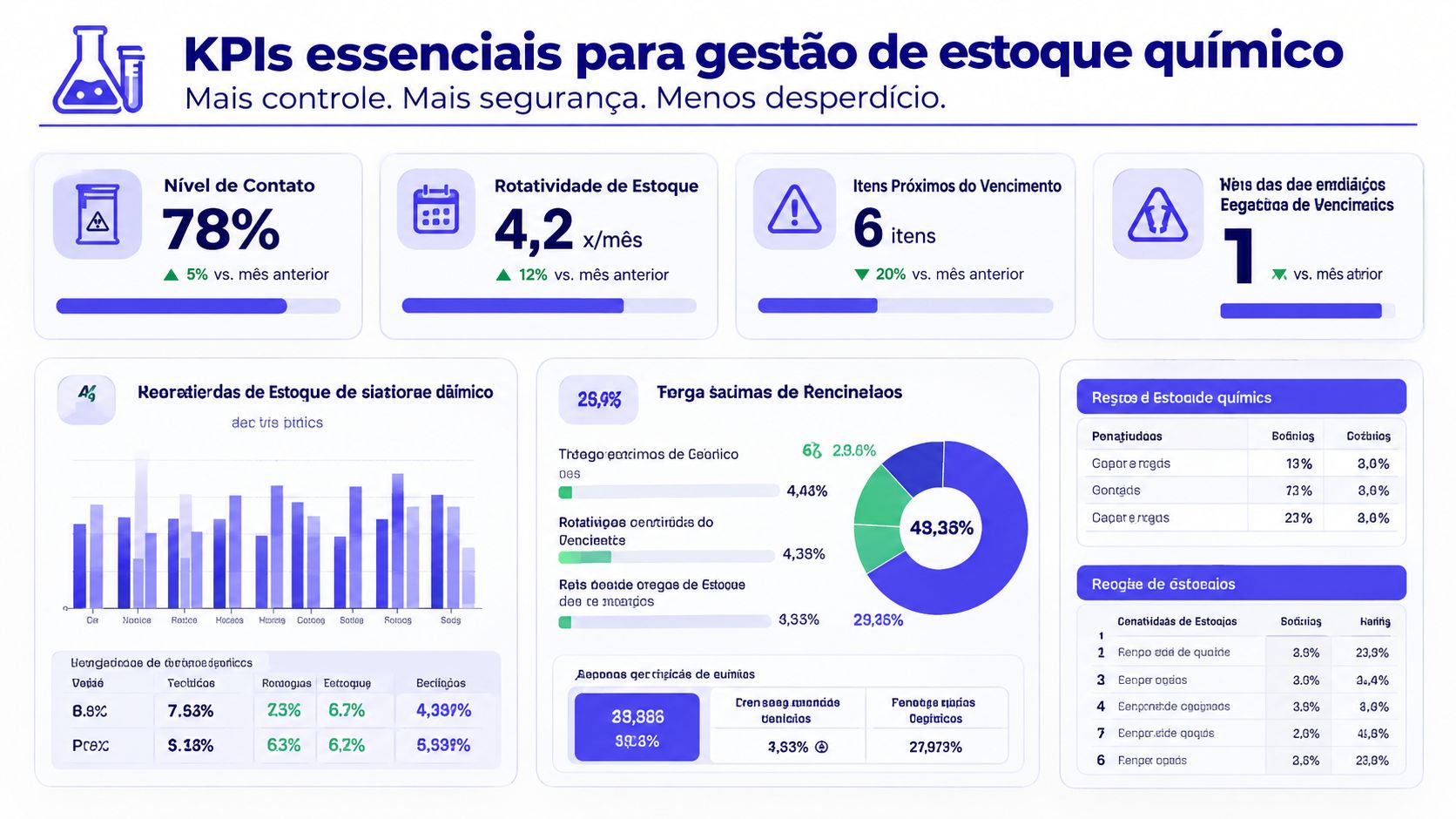Painel de controle exibindo KPIs essenciais para a gestão eficiente de estoques de produtos químicos industriais.