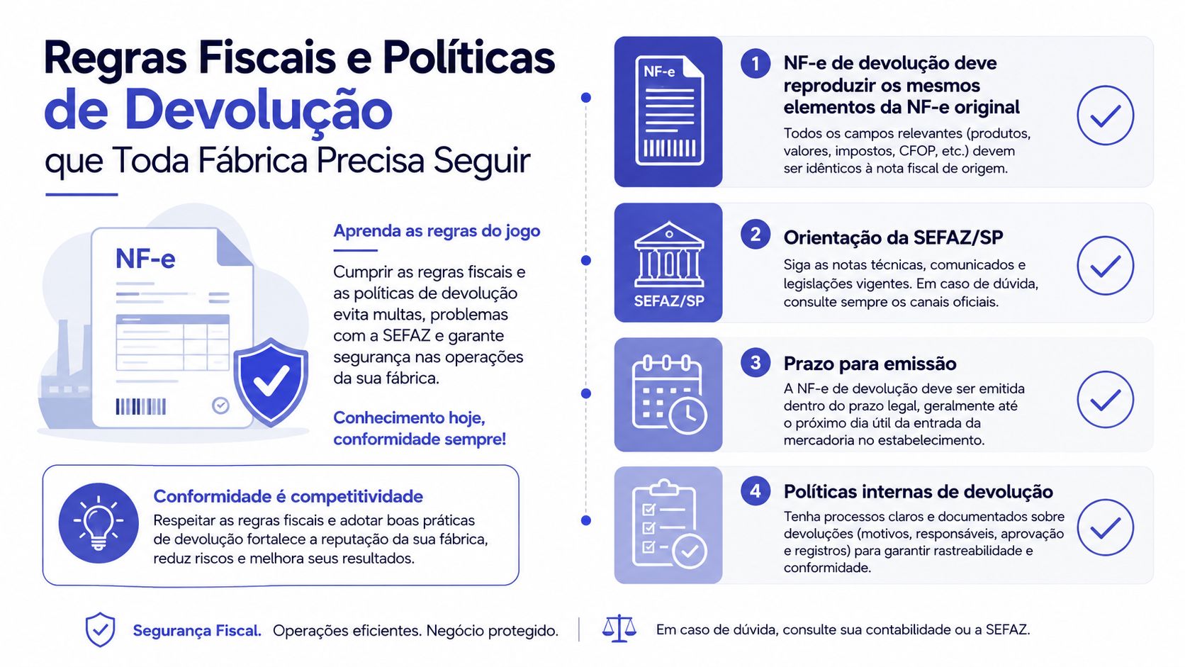 Infográfico explicativo sobre regras fiscais e boas práticas para emissão de NF-e de devolução em fábricas.