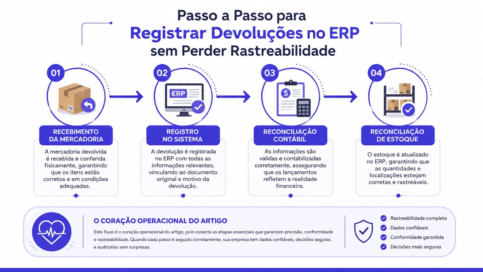 Infográfico passo a passo sobre como registrar devoluções de mercadorias no ERP mantendo a rastreabilidade e conformidade.