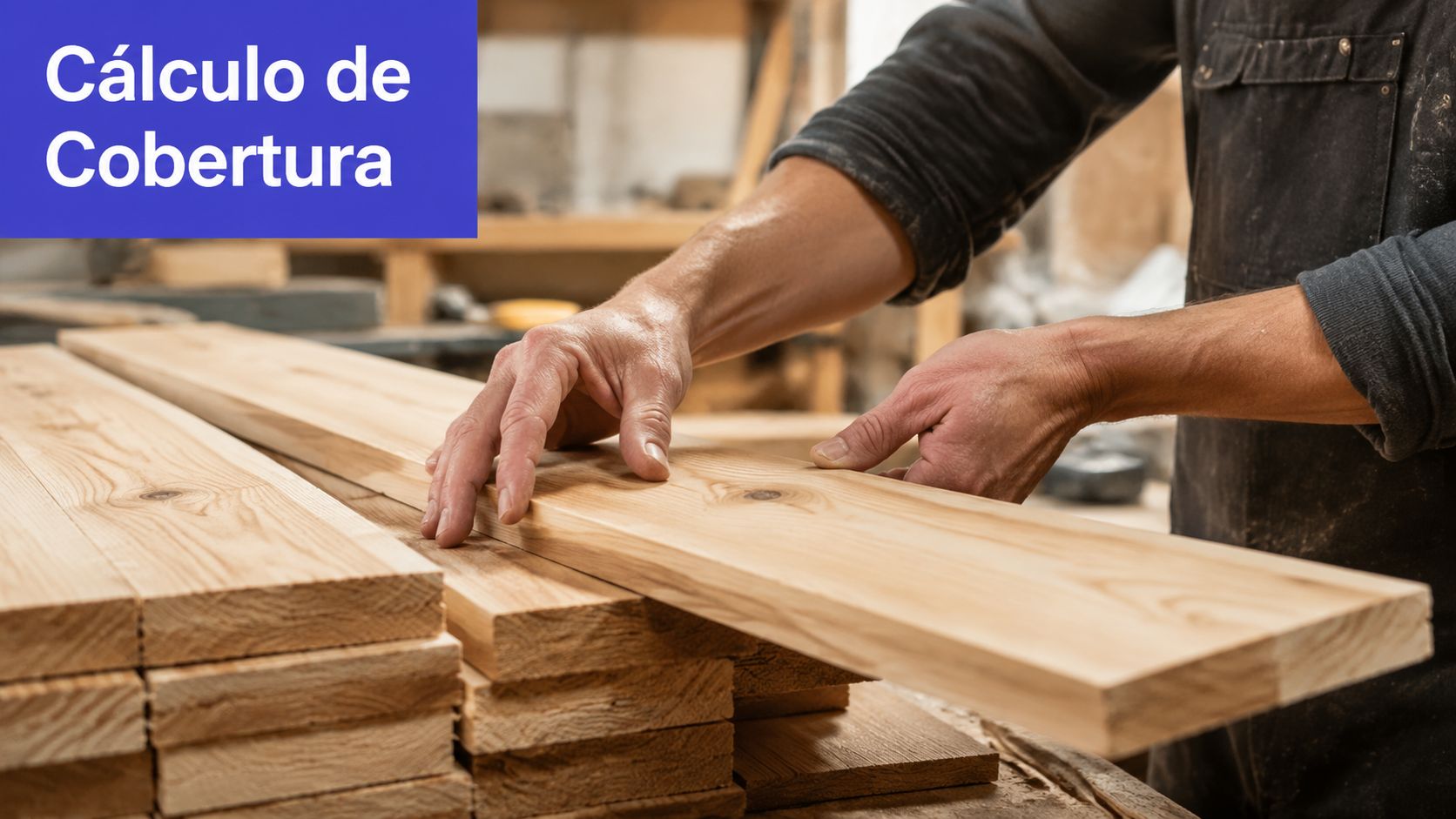 Carpinteiro examinando tábuas de madeira em uma oficina para realizar o cálculo de cobertura de estoque.