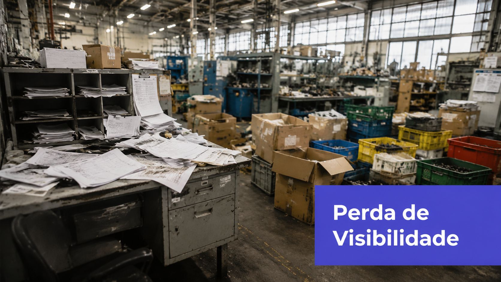 Uma estação de trabalho desorganizada em uma fábrica industrial com papéis espalhados e caixas de peças metálicas.