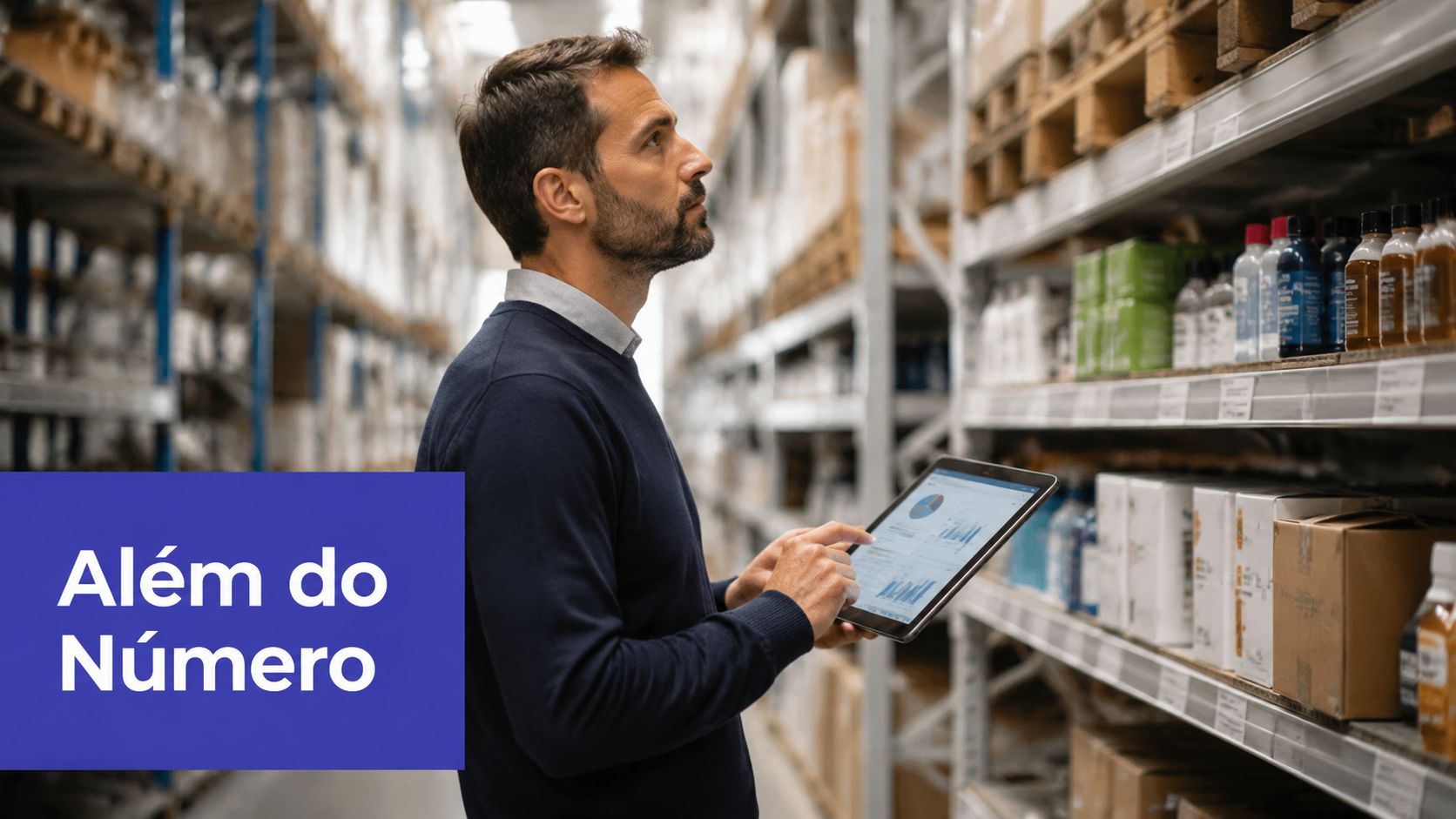 Homem de negócios analisando dados de inventário com um tablet digital em um armazém de estoque moderno.