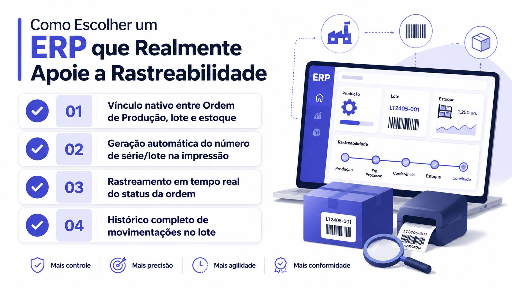 Infográfico ilustrando os quatro requisitos essenciais de um sistema ERP para garantir a rastreabilidade eficiente de produtos.