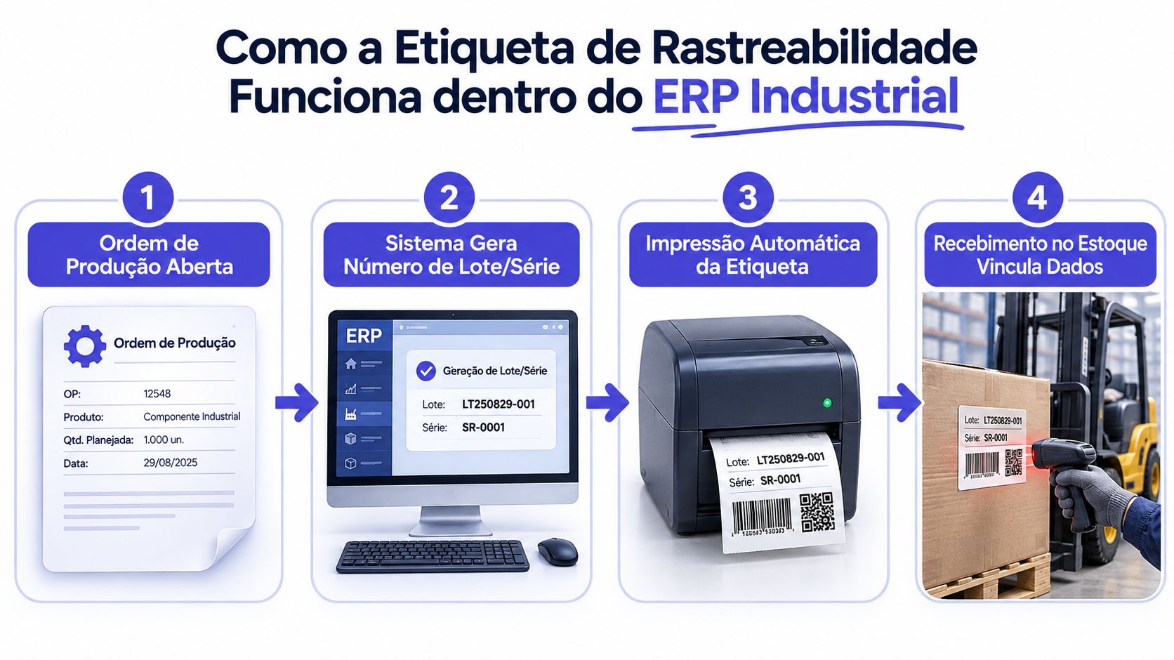 Fluxo de quatro etapas mostrando como etiquetas de rastreabilidade são geradas e usadas no ERP industrial.