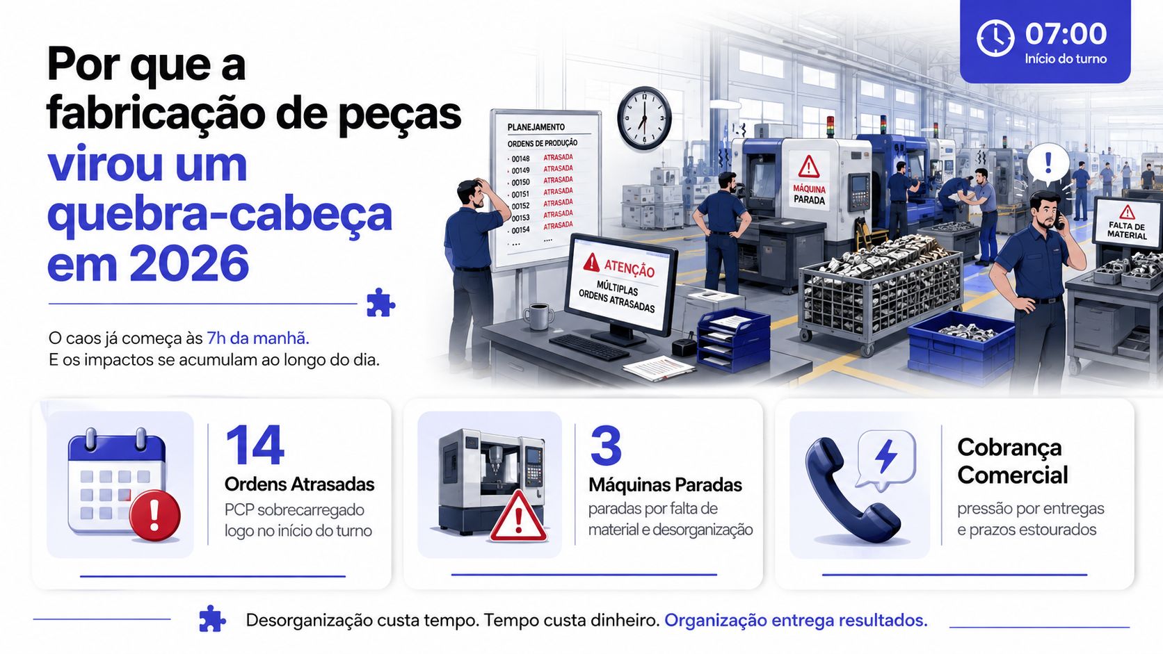 Uma ilustração detalhada de uma fábrica caótica com máquinas paradas, atrasos na produção e funcionários estressados logo cedo.