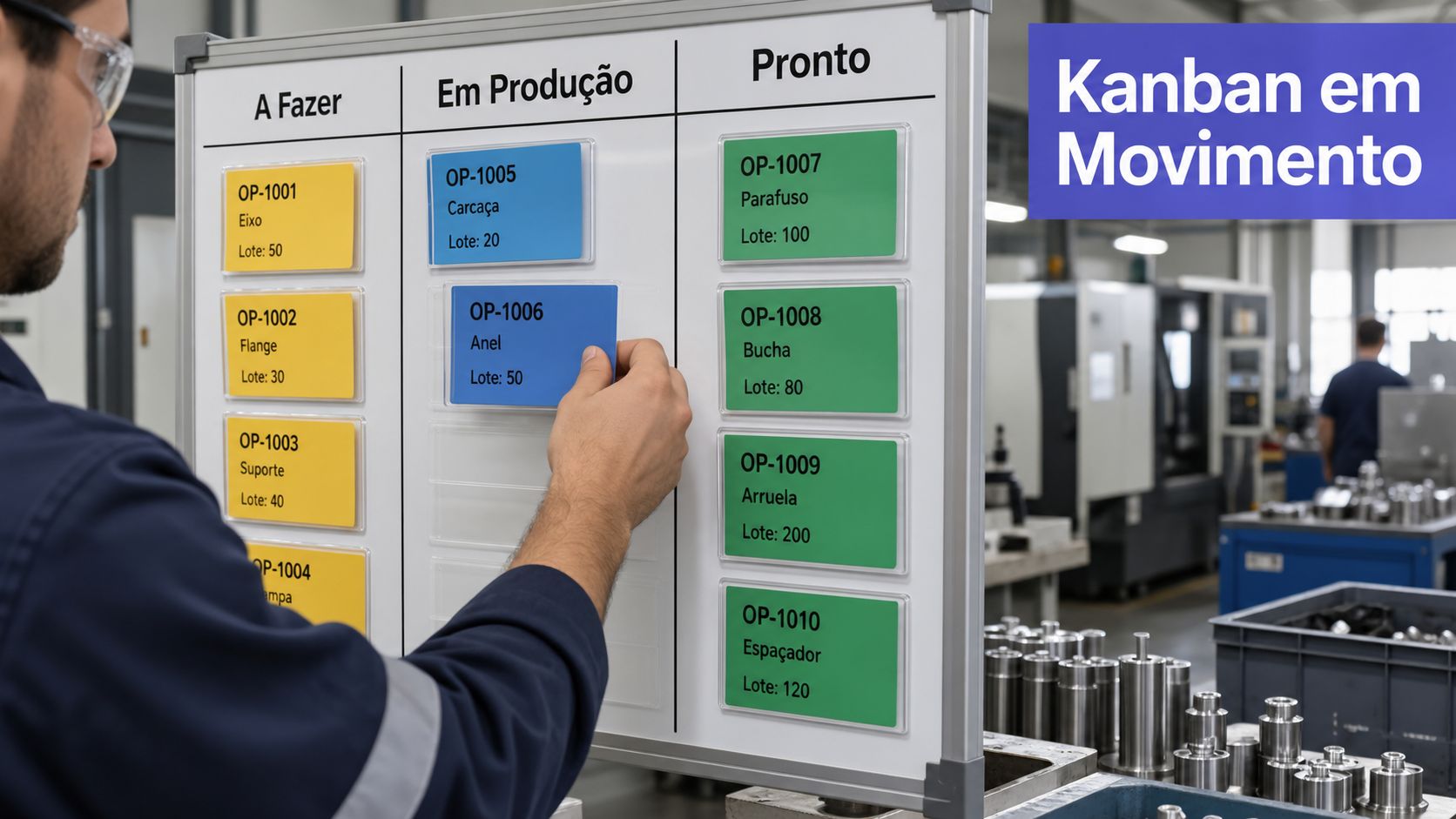 Trabalhador em uma fábrica utilizando um quadro Kanban para gerenciar a produção de peças metálicas.