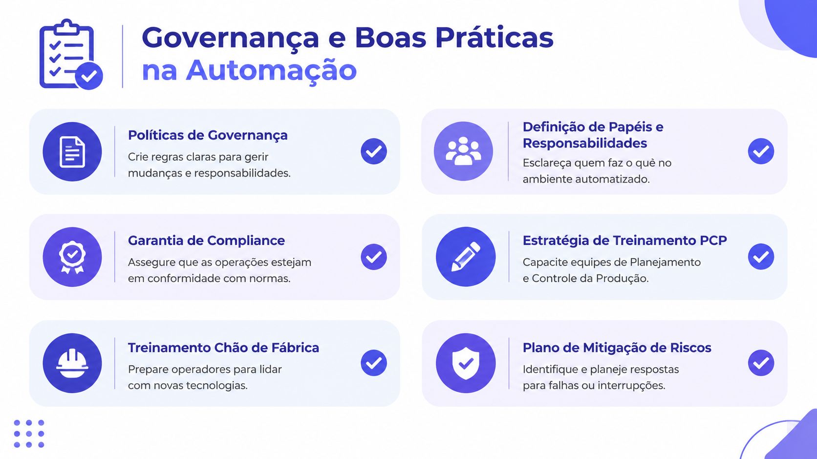 Infográfico sobre governança e boas práticas essenciais para a implementação de processos de automação em indústrias.