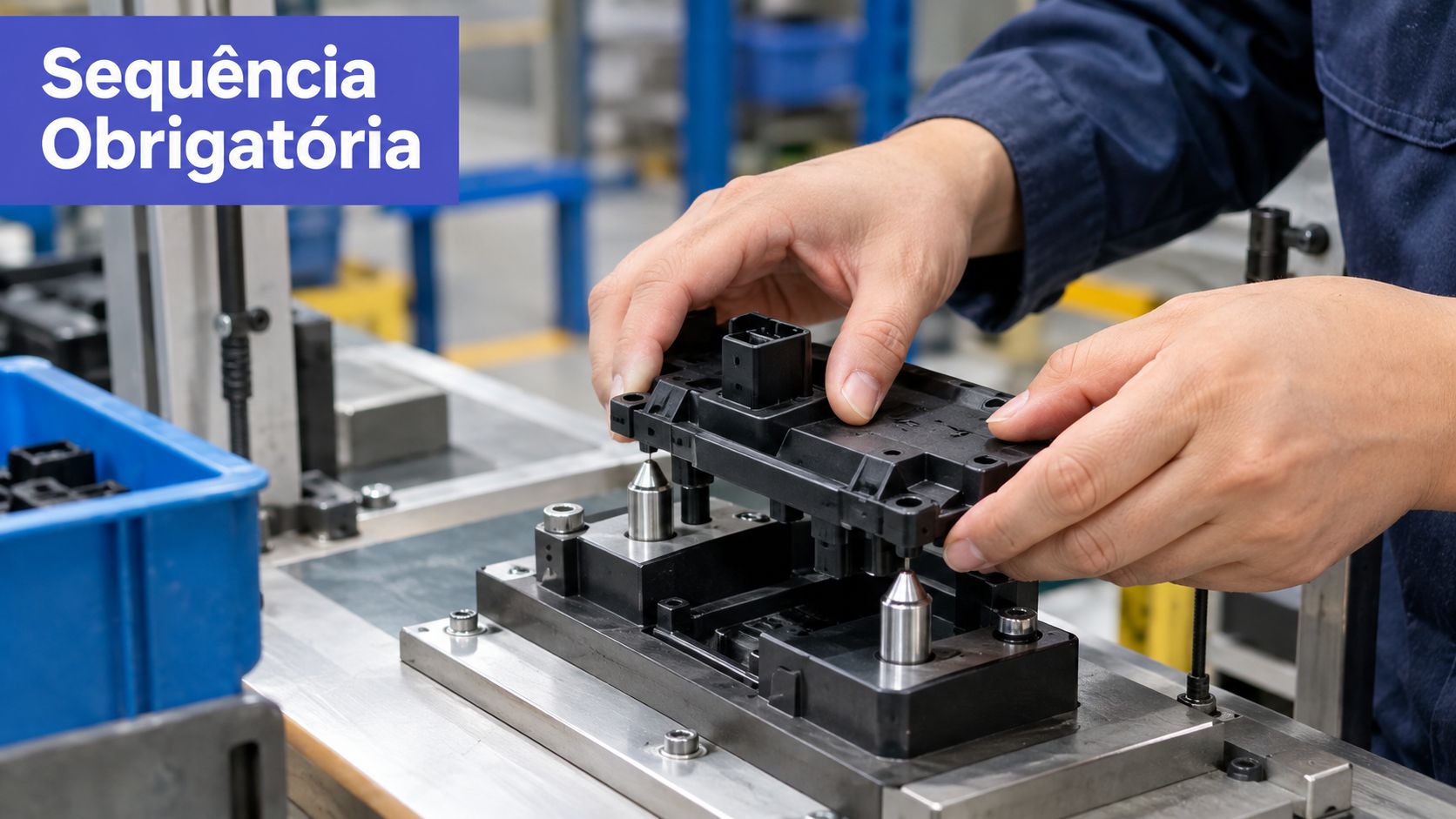 Operário utilizando dispositivo de gabarito para montagem precisa de componentes eletrônicos em uma linha de produção industrial.