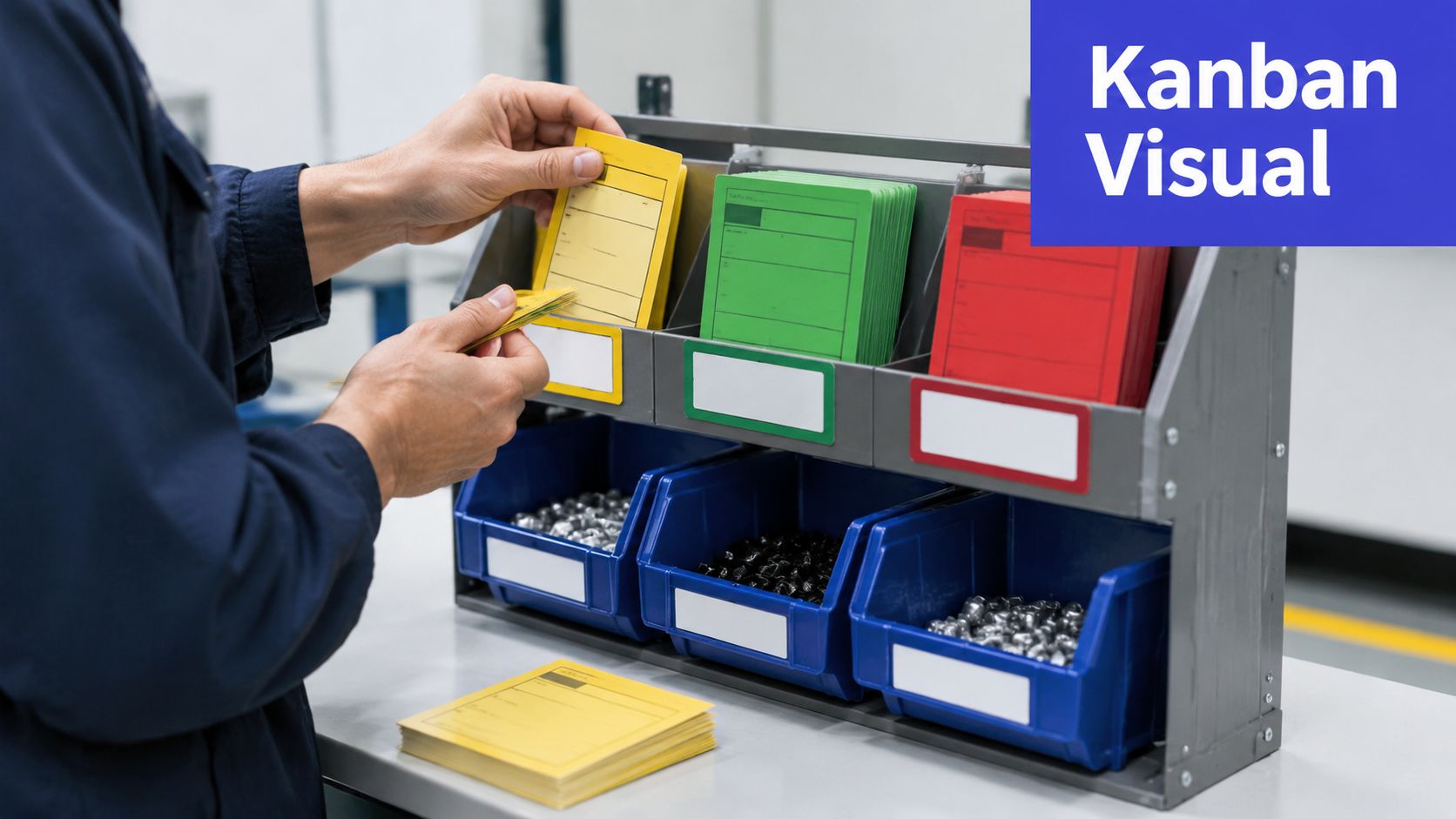 Trabalhador organizando cartões Kanban coloridos em compartimentos de armazenamento de peças industriais em uma oficina.