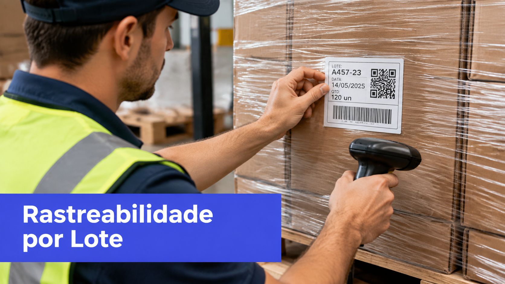 Um funcionário de logística escaneando uma etiqueta de código de barras em uma caixa embalada em um armazém.