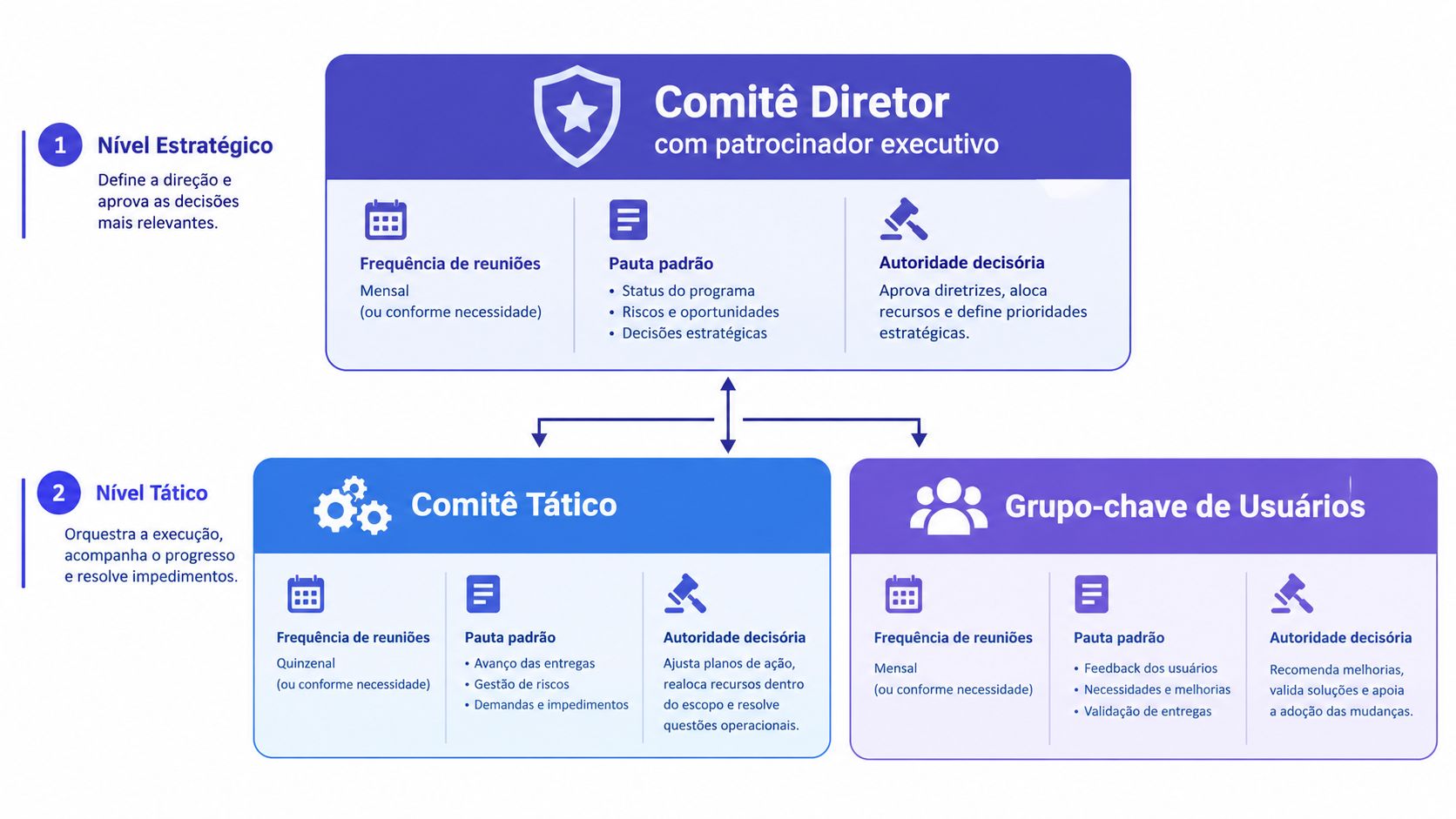 Diagrama da estrutura de governança mostrando o Comitê Diretor, Comitê Tático e Grupo-chave de Usuários.