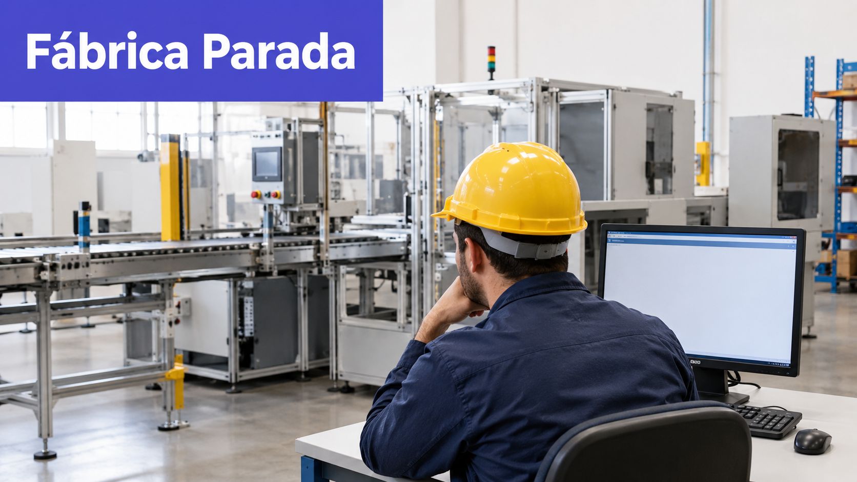 Um engenheiro de capacete amarelo sentado em sua mesa observando uma fábrica parada em uma linha industrial.