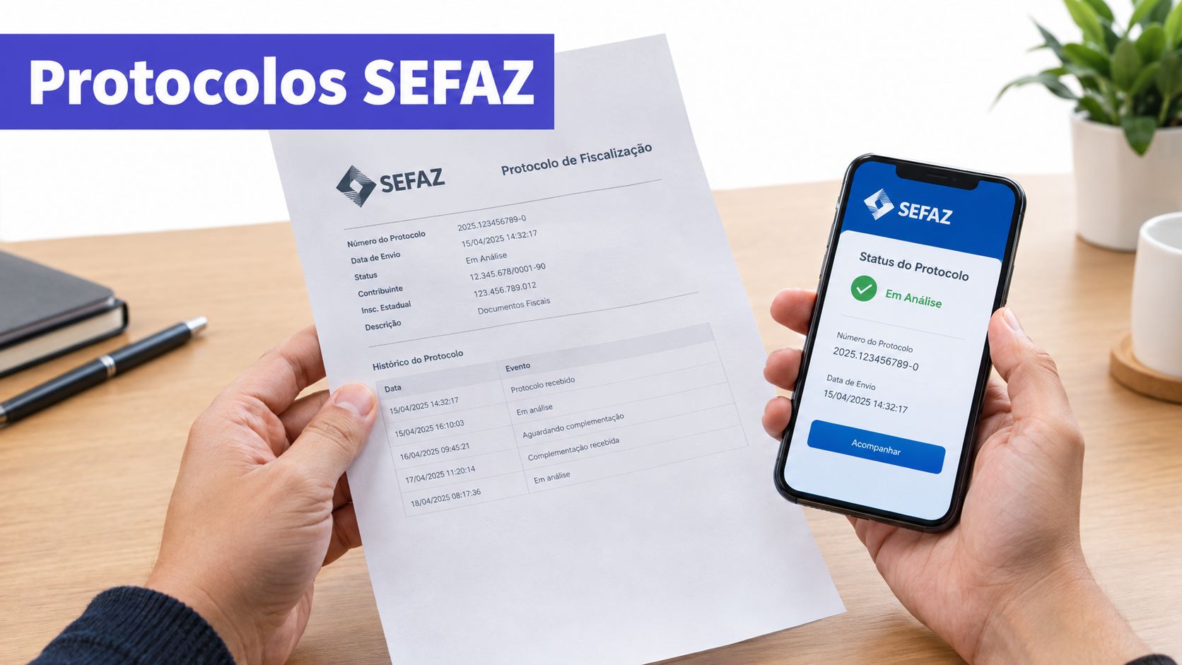 Pessoa segurando um documento oficial da SEFAZ Simões Filho e um smartphone exibindo o status do protocolo.