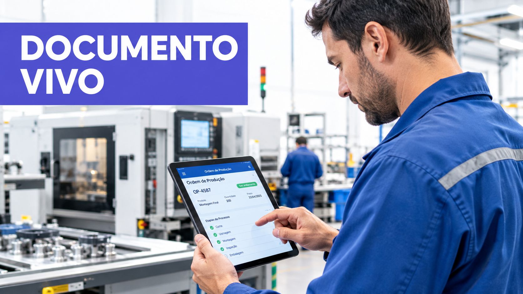Operário em uma fábrica utilizando um tablet para visualizar e gerenciar o status de uma ordem de produção.