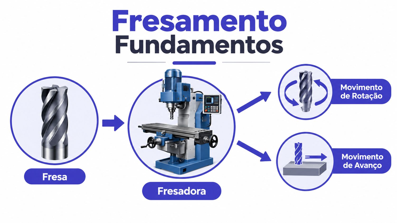Diagrama explicativo ilustrando os fundamentos do processo de fresamento com uma fresa, fresadora e movimentos operacionais.