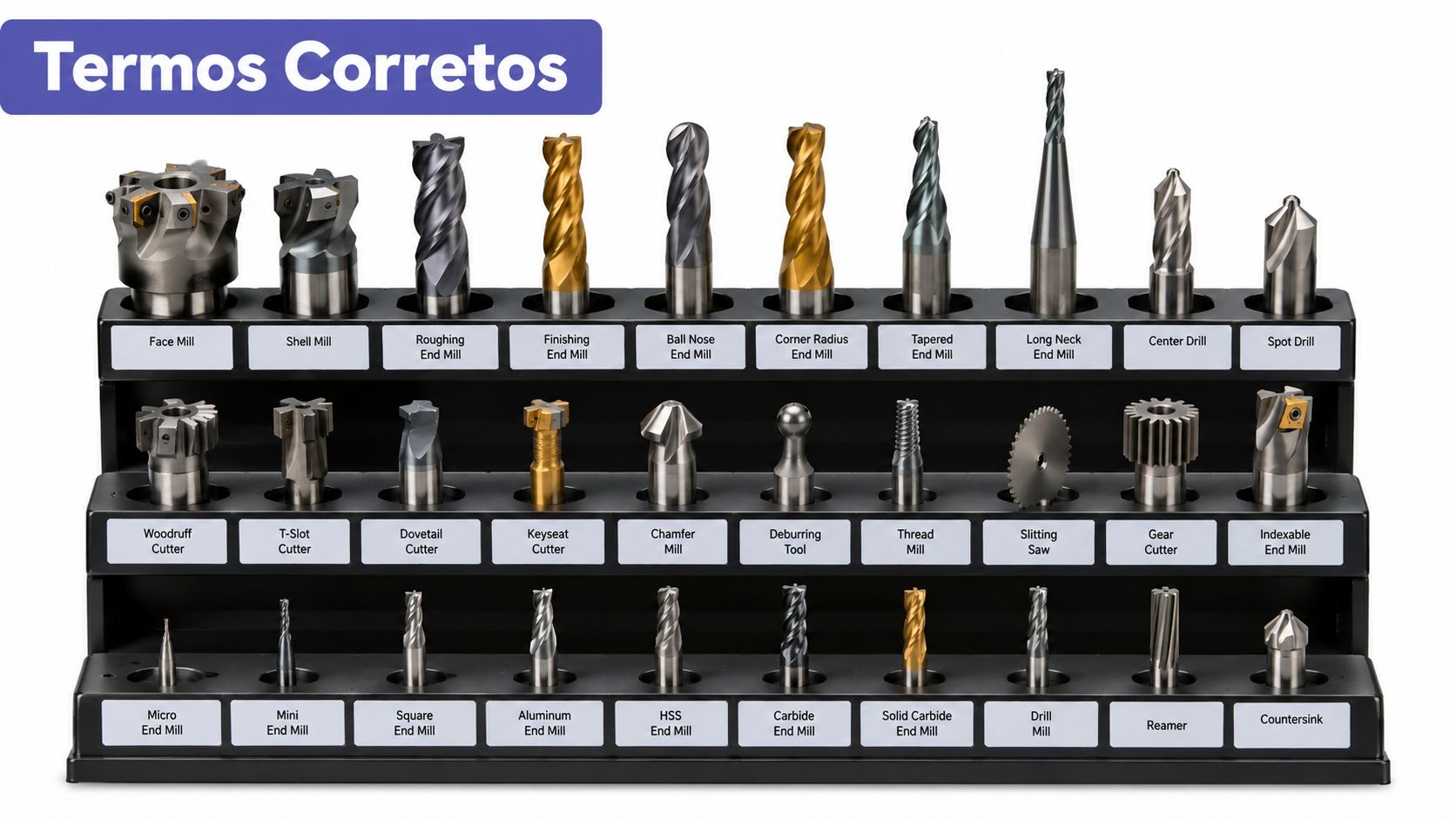 Uma exibição organizada de diversos tipos de ferramentas de corte para fresadora em um suporte preto.