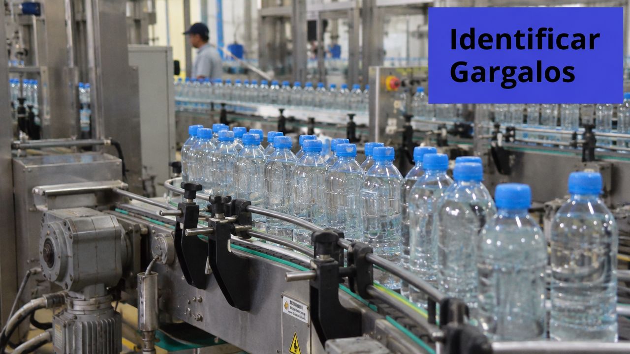 Linha de produção automatizada com várias garrafas de água transparentes em uma esteira industrial em uma fábrica.