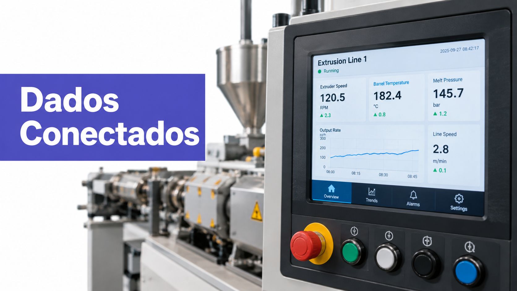 Painel de controle digital em uma máquina de extrusão industrial exibindo métricas de operação em tempo real.