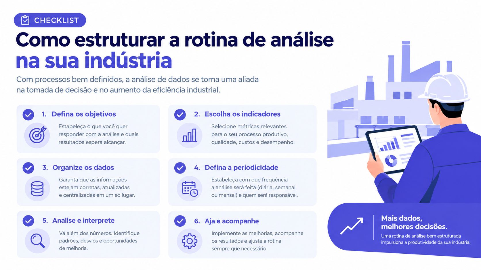 Infográfico ilustrado sobre como estruturar uma rotina de análise de dados eficiente em ambientes industriais.