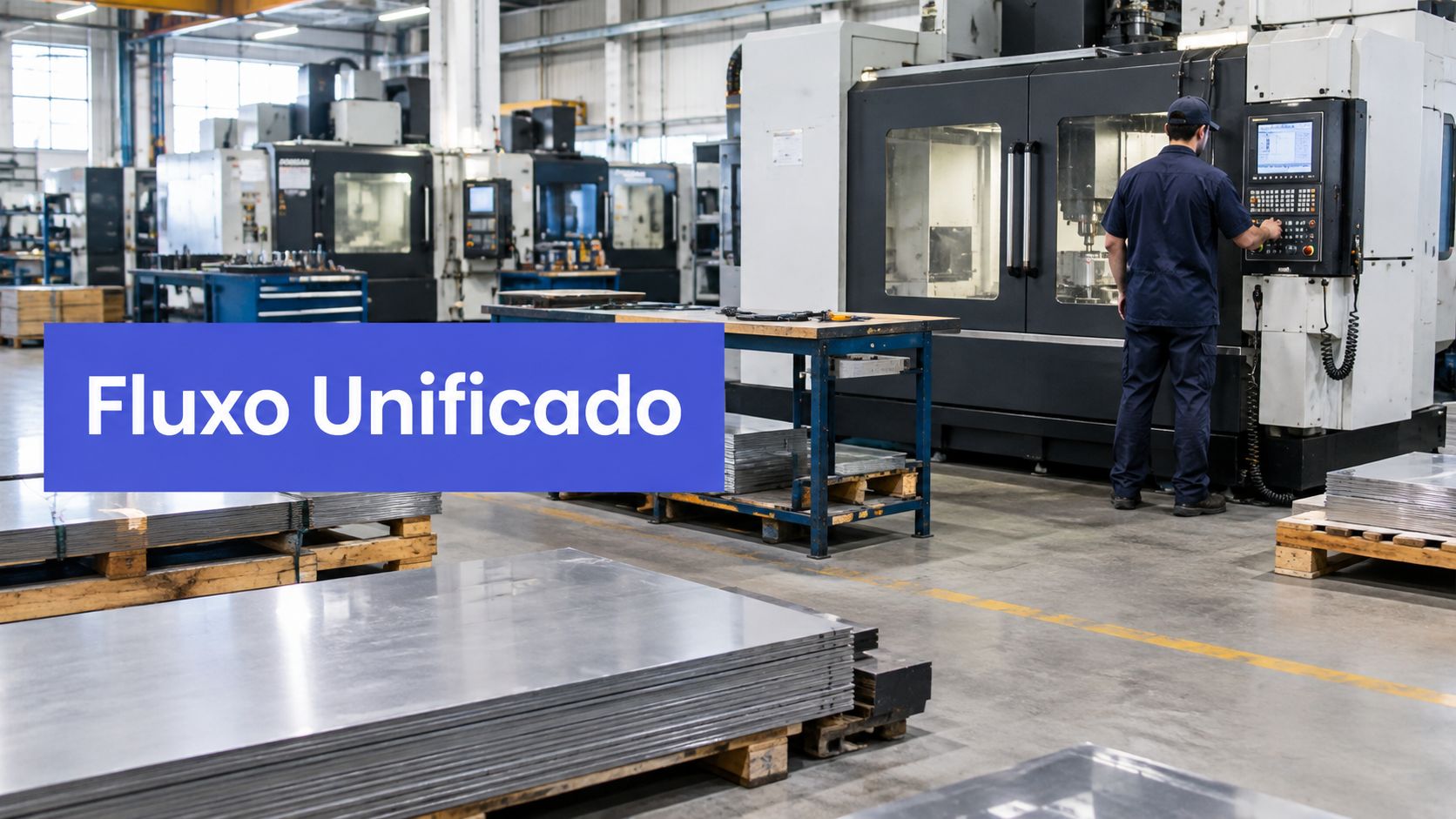 Operador manuseando equipamento industrial em uma fábrica moderna de usinagem e caldeiraria com placas metálicas organizadas.
