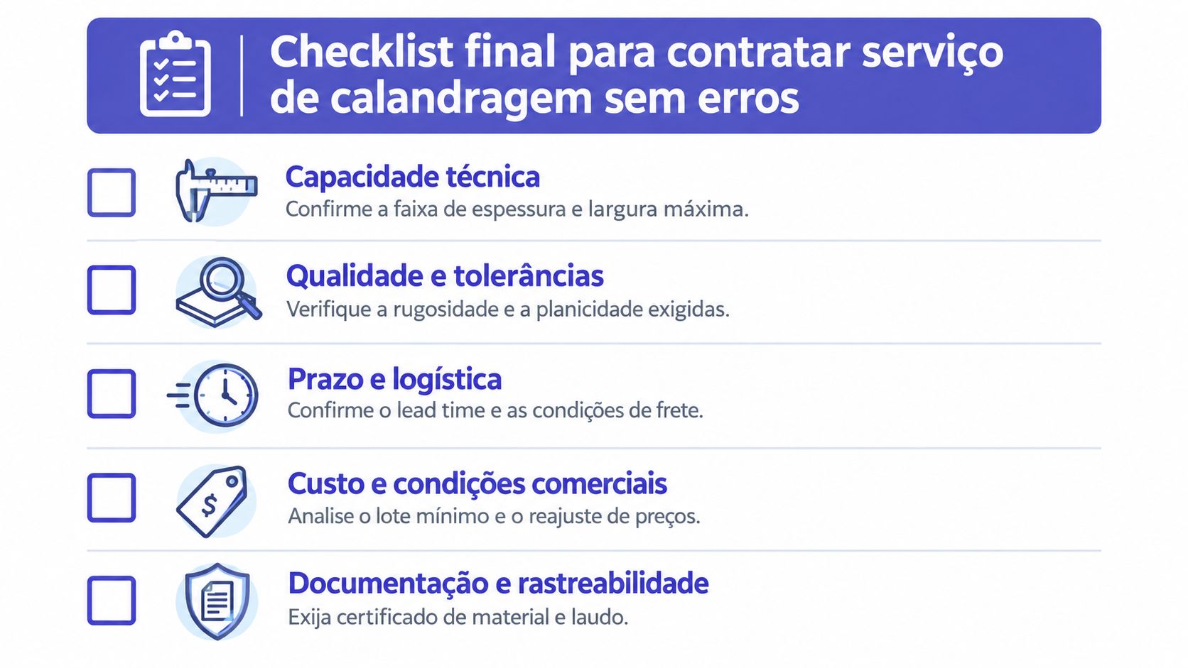 Checklist ilustrado com etapas essenciais para realizar a contratação eficiente de serviços de calandragem industrial com segurança.