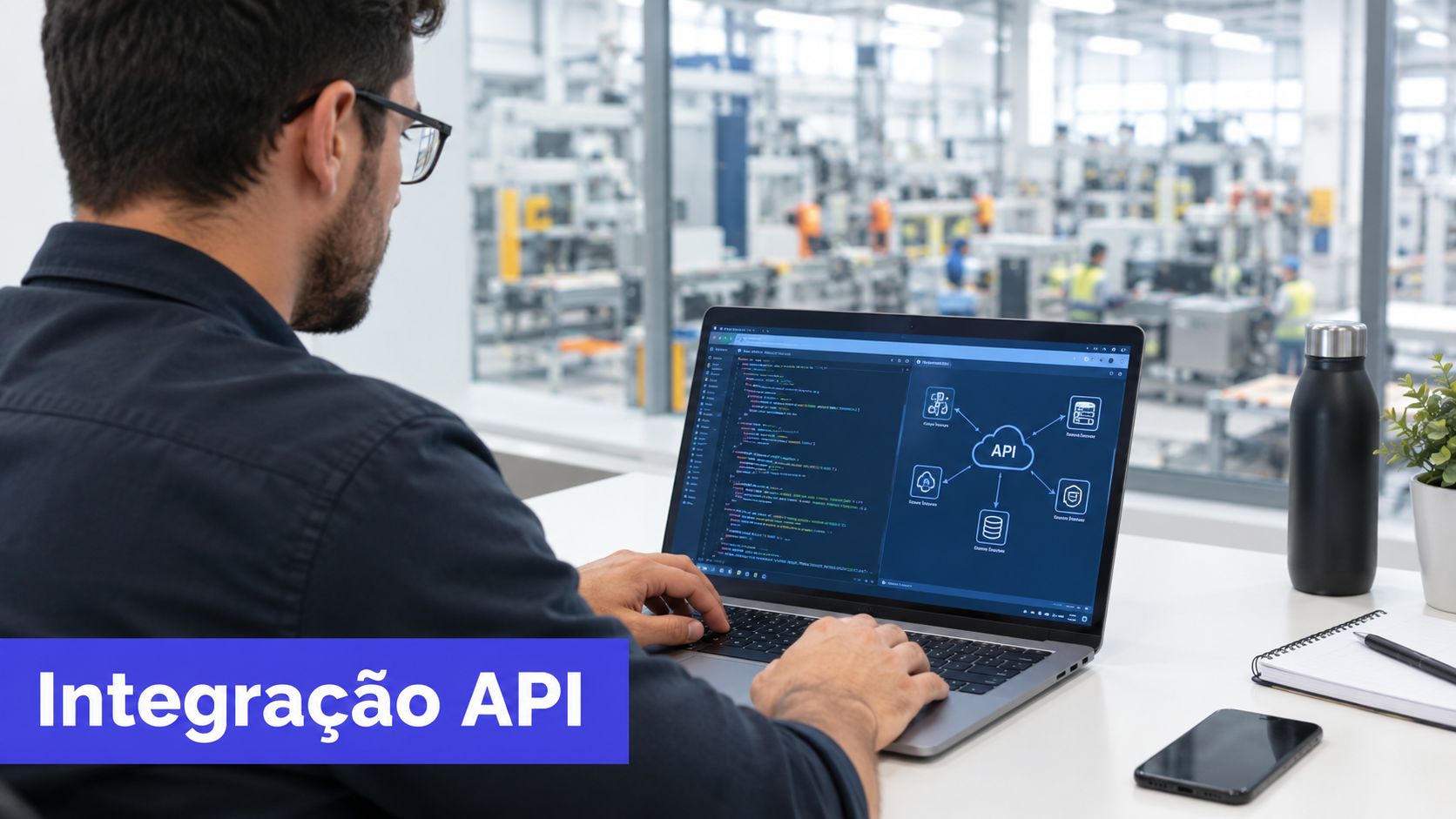 Programador trabalhando em um laptop mostrando um diagrama de integração de API em um ambiente industrial.