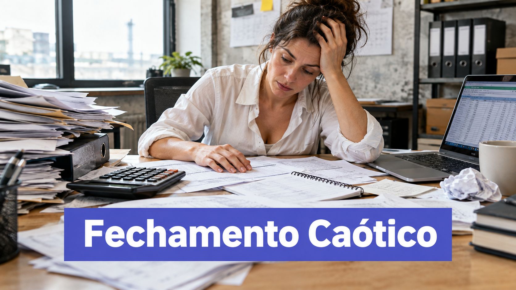 Mulher estressada trabalhando em sua mesa bagunçada com muitos documentos e um notebook em um escritório.