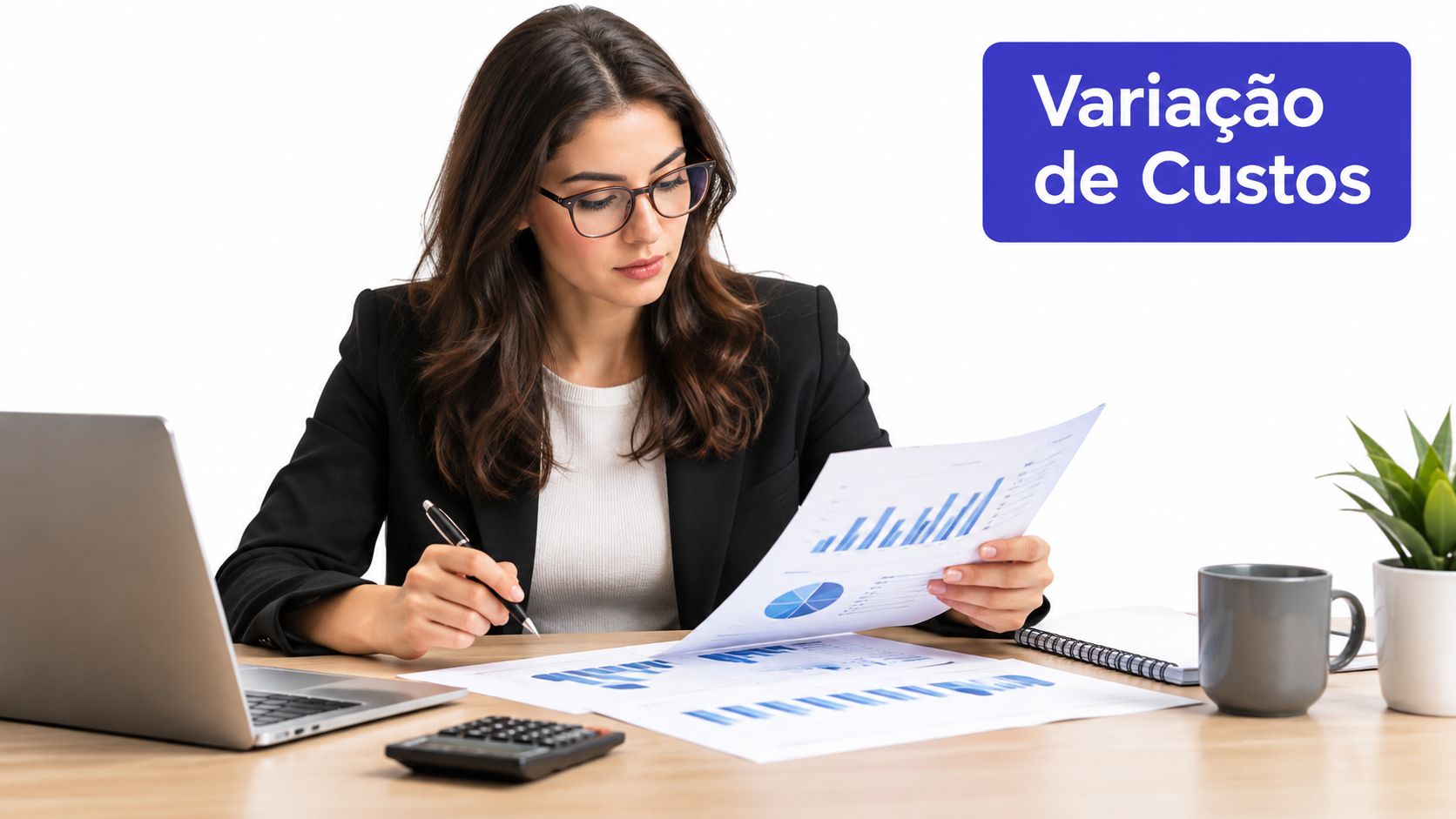 Uma analista de custos de negócios revisando relatórios financeiros com gráficos e dados em seu escritório.