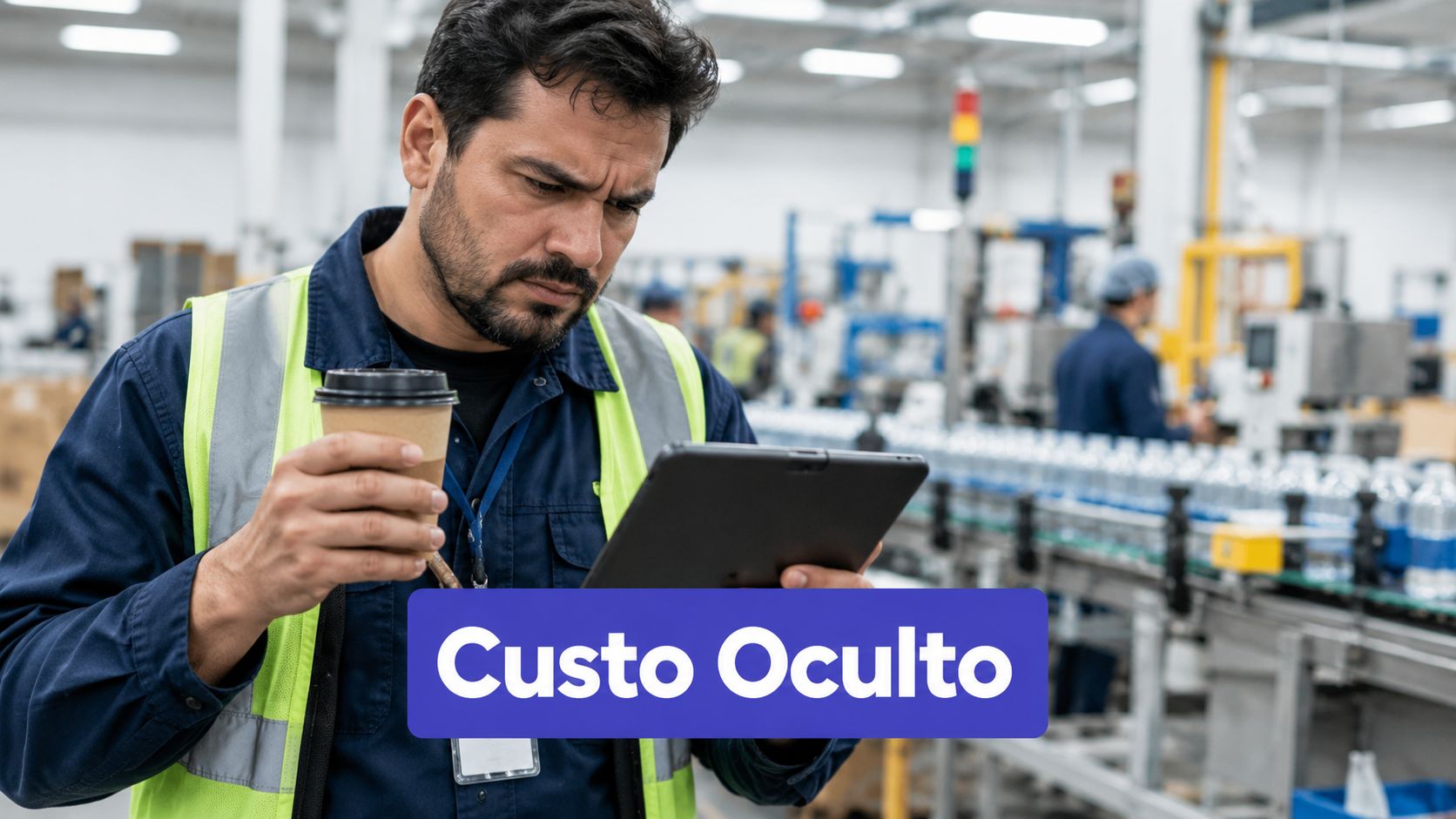 Supervisor de fábrica em uma linha de produção analisando dados em um tablet com café na mão.