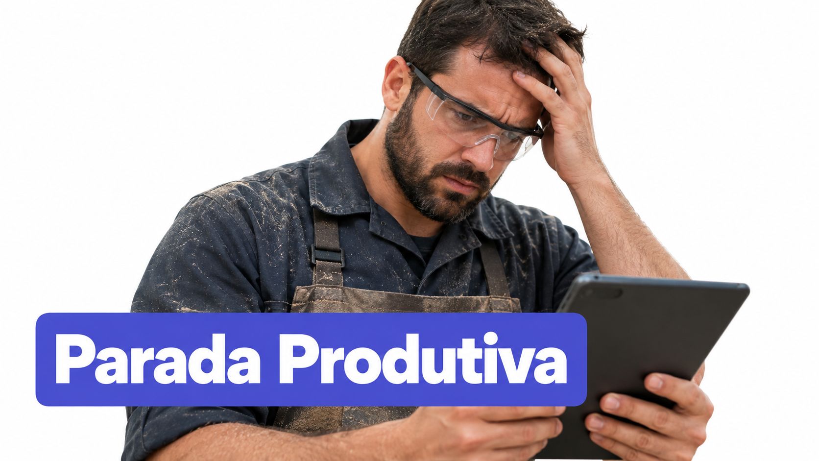 Homem com roupas de trabalho e óculos de proteção segurando um tablet parecendo preocupado e pensativo.