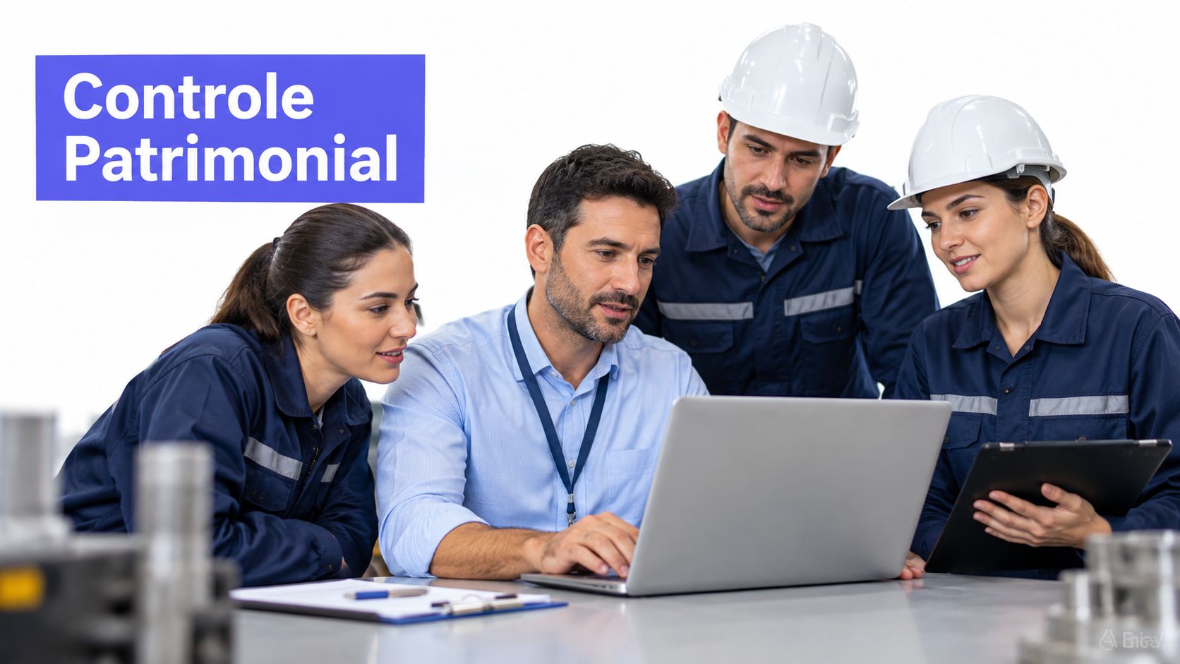 Equipe de profissionais de engenharia reunidos em torno de um notebook para realizar o controle patrimonial industrial.