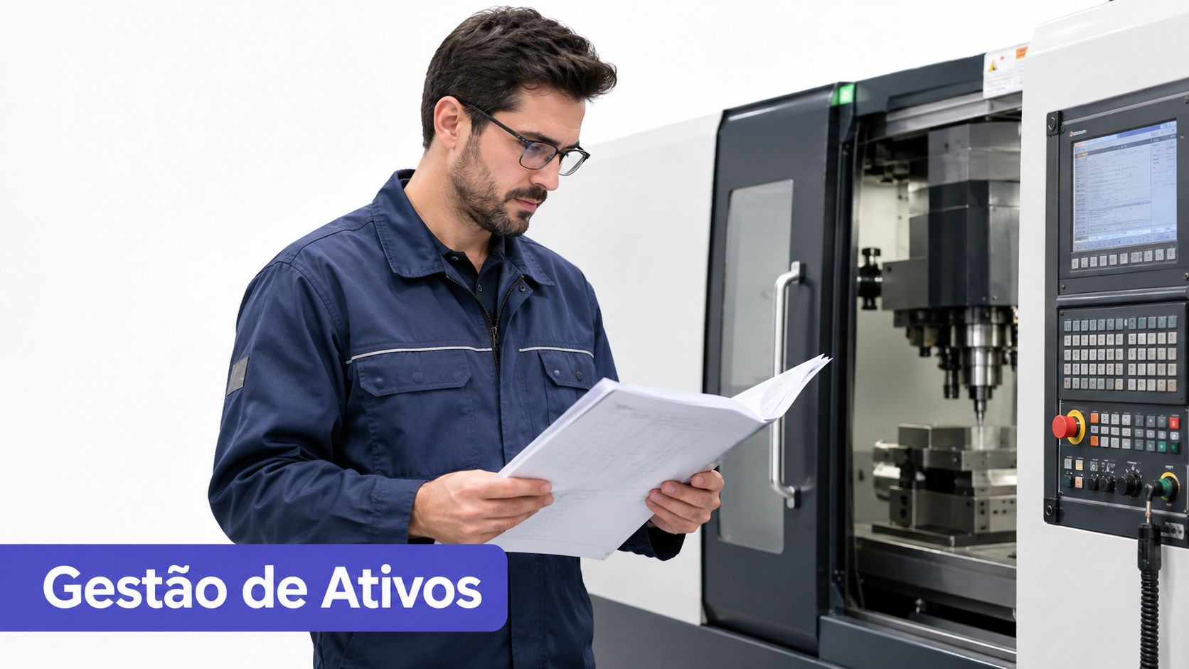 Técnico de manutenção analisando manuais técnicos em frente a uma máquina industrial em uma fábrica moderna.