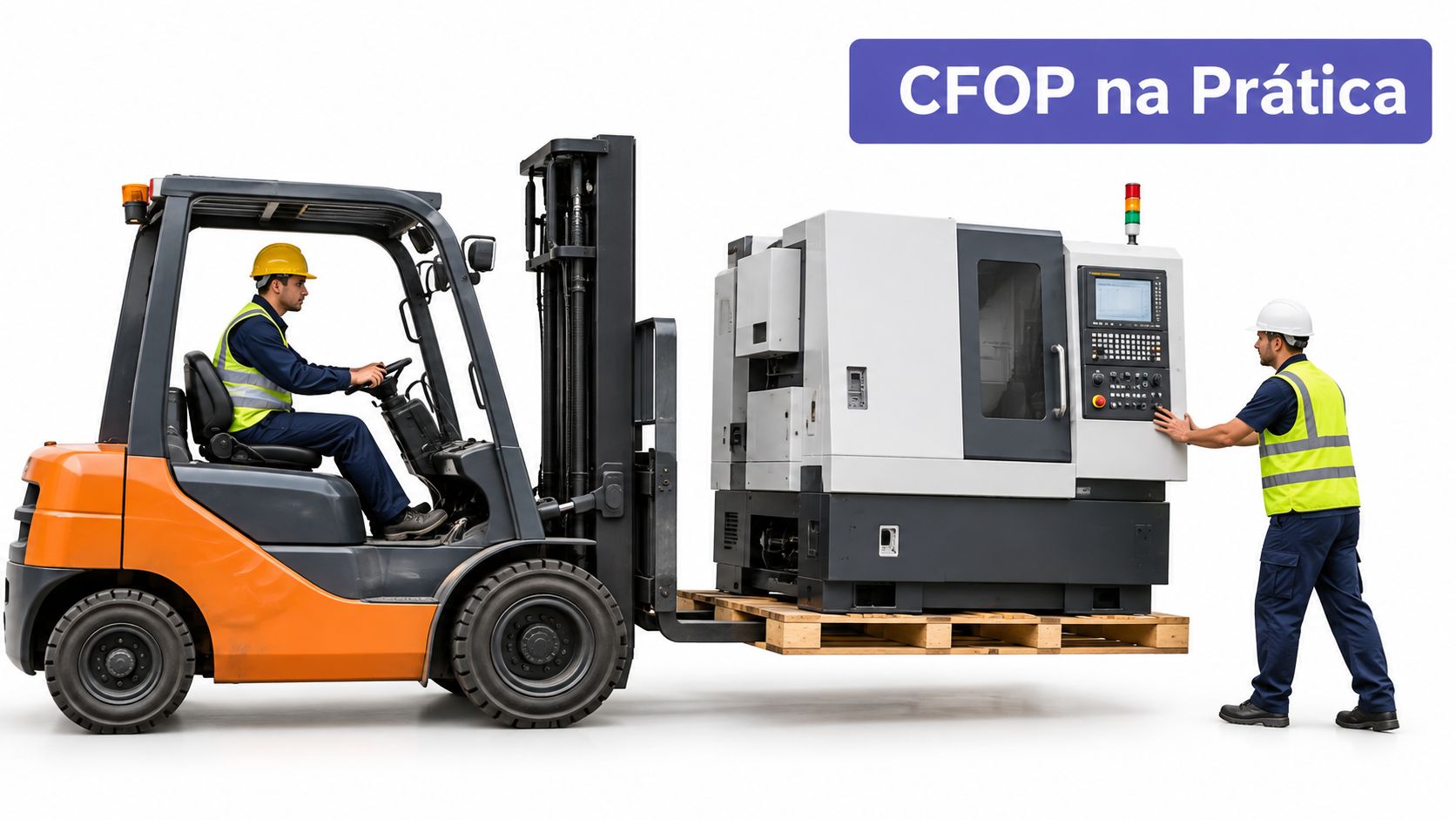 Operador de empilhadeira transportando uma máquina industrial grande com auxílio de um profissional de logística uniformizado.