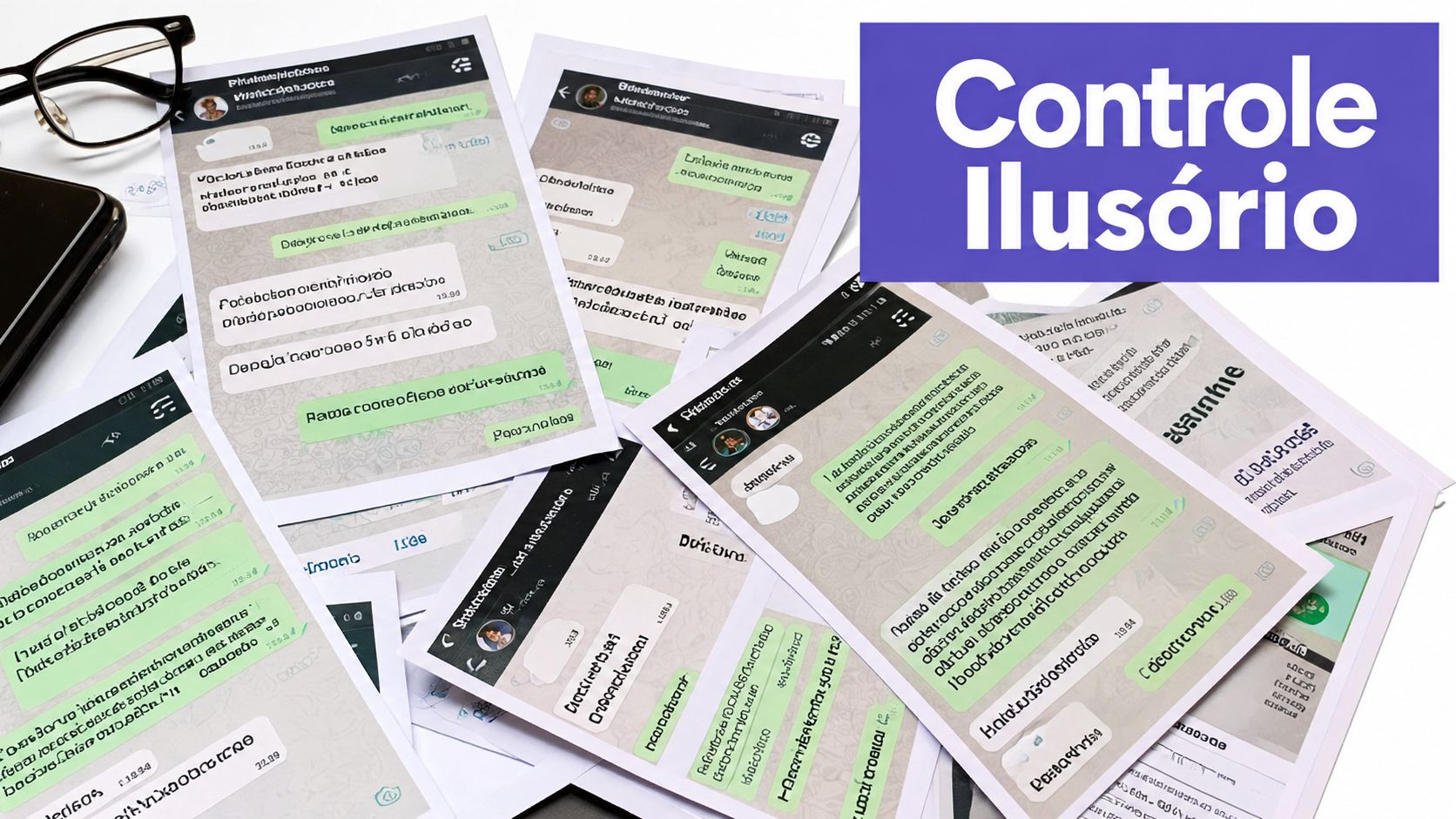 Papéis com impressões de conversas de aplicativos de mensagens espalhados sobre uma mesa branca com óculos.