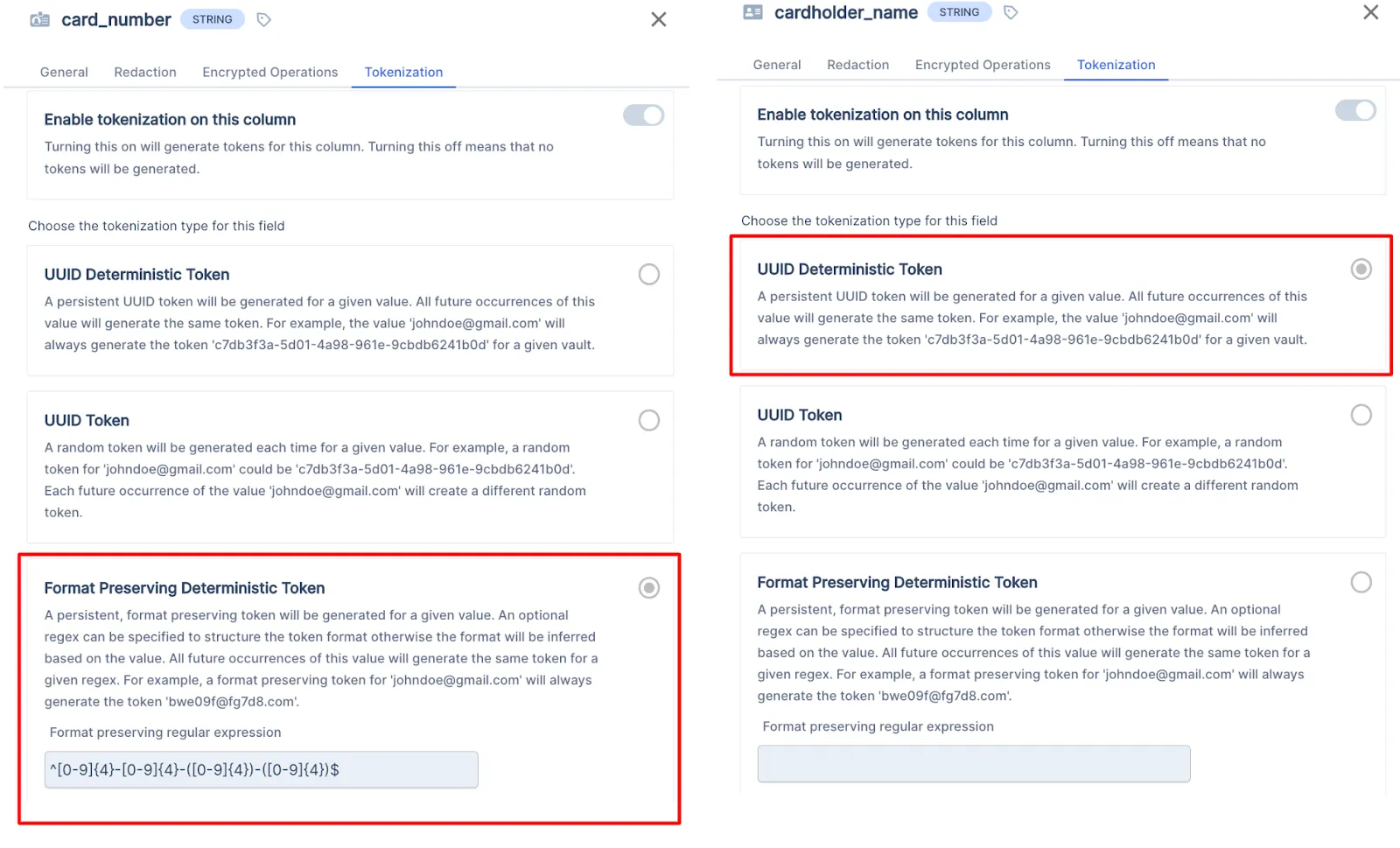Tokenization settings configuration options, including format-preserving and UUID deterministic