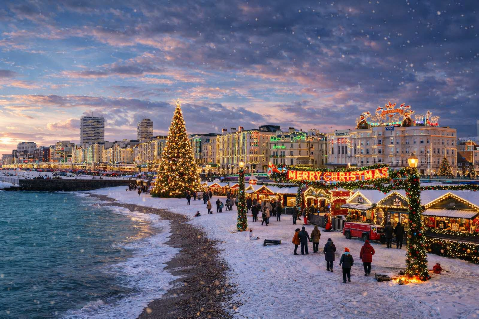 A snowy beach scene with a large Christmas tree, festive lights, and people walking around stalls.