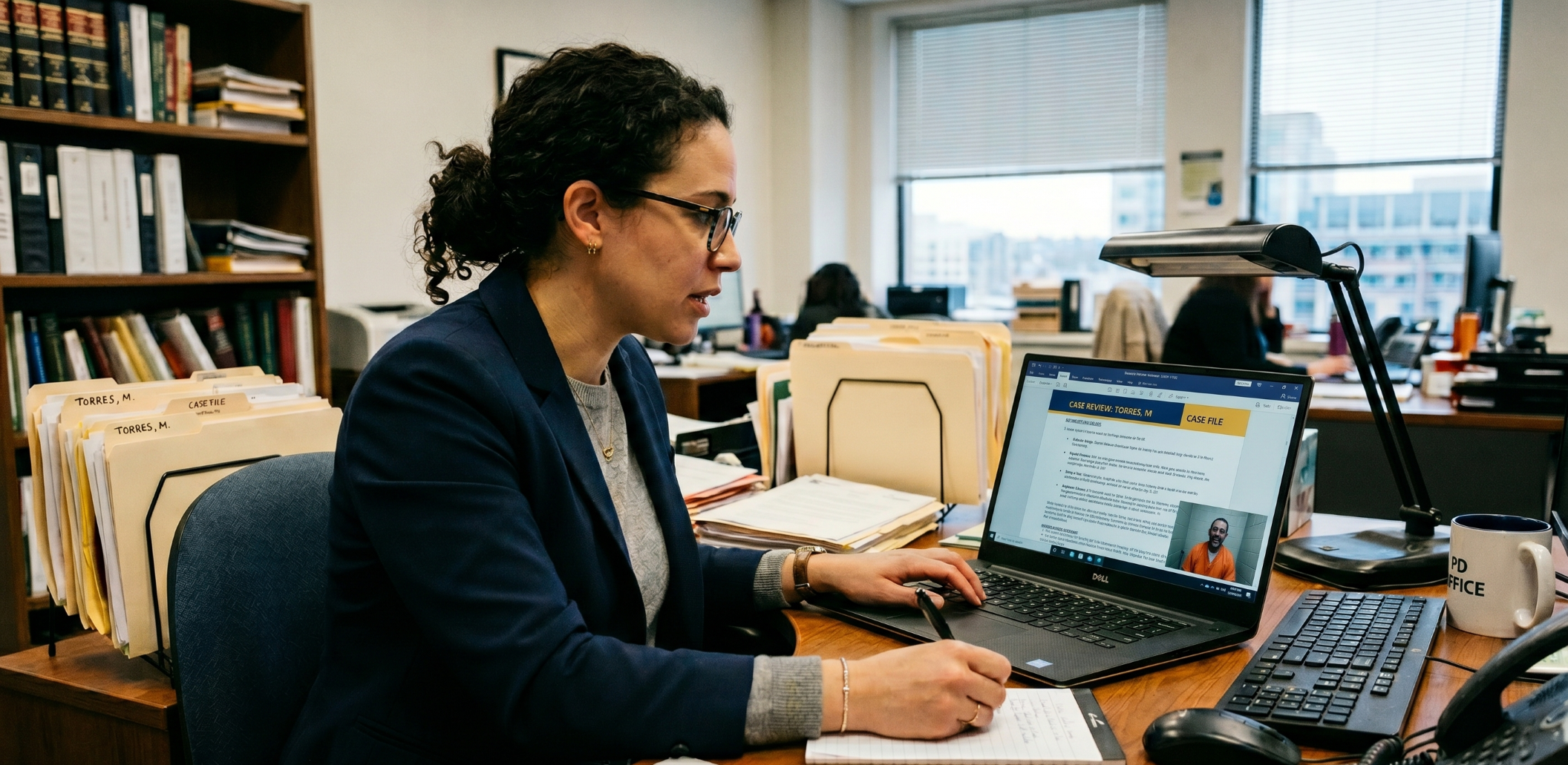 A public defender using Lightning Law to meet with her client and show him legal documents