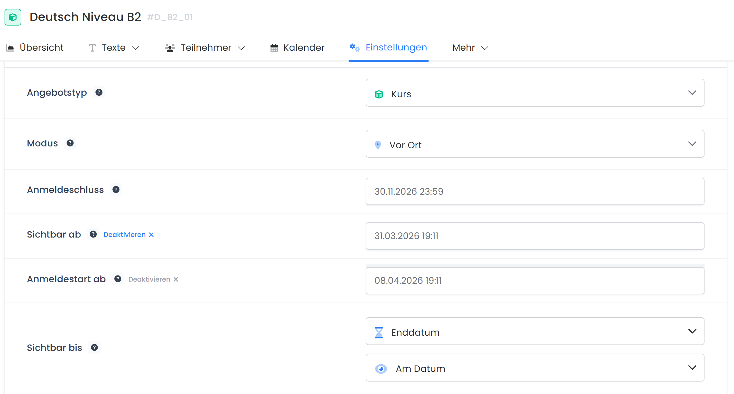 Anmeldestartzeitpunkt festlegen