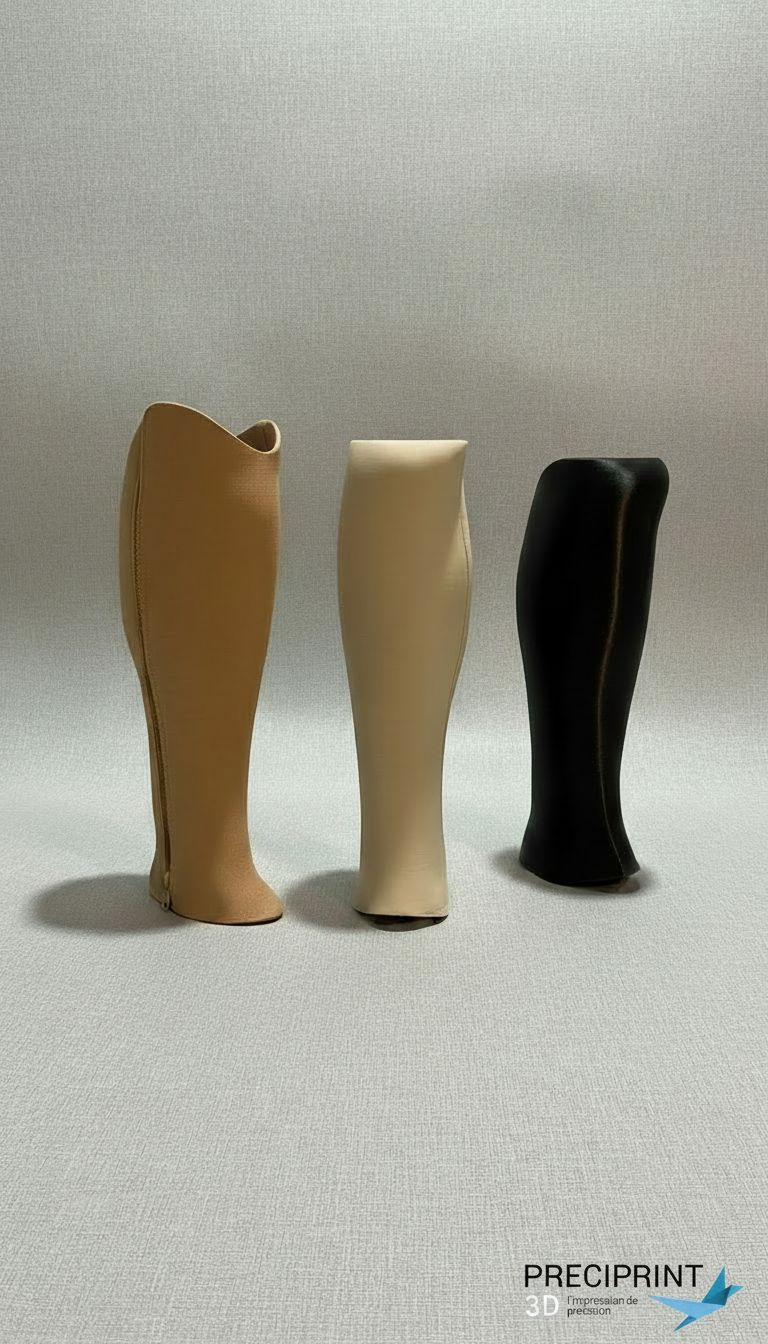 Trois prothèses de jambe de différentes couleurs : beige, crème et noire, présentées debout sur une surface texturée claire.
