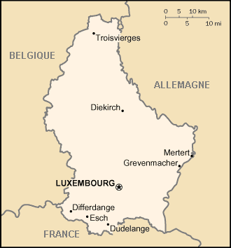 Carte du Luxembourg avec ses principales villes et ses frontières avec la Belgique, l'Allemagne et la France.