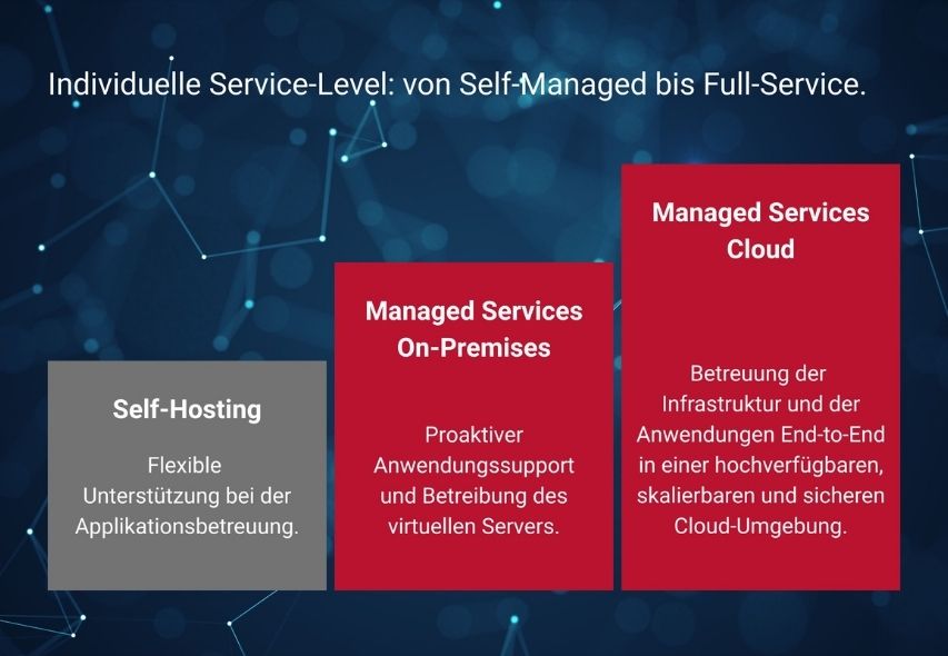Individual service levels: self-hosting, managed services on-premises or cloud.
