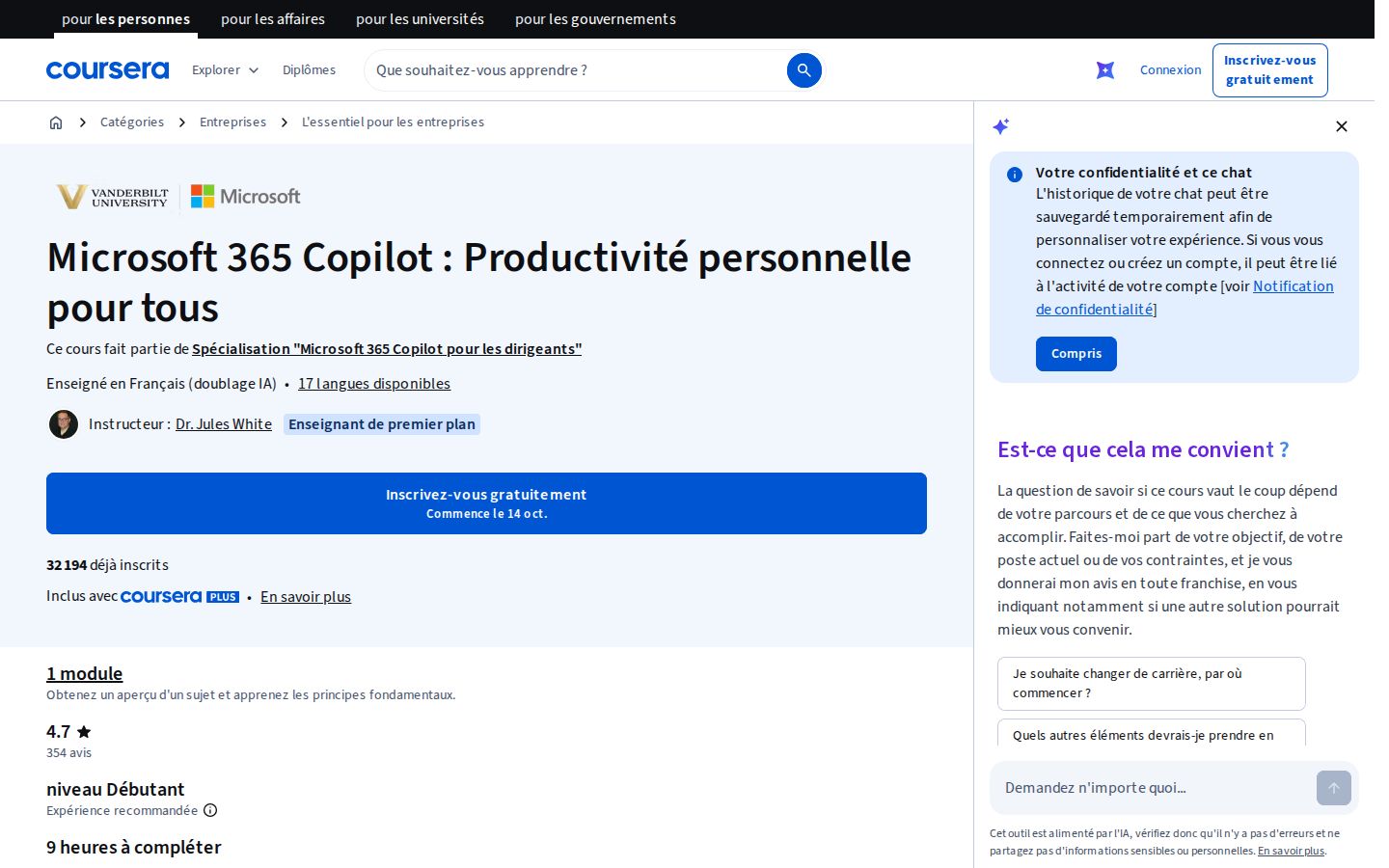 Page d'accueil de Coursera Vanderbilt