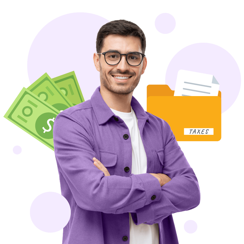 Girl with yellow circle and cash graphic