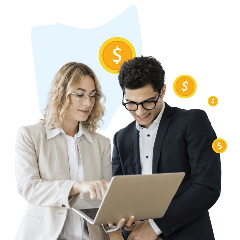 Girl with yellow circle and cash graphic