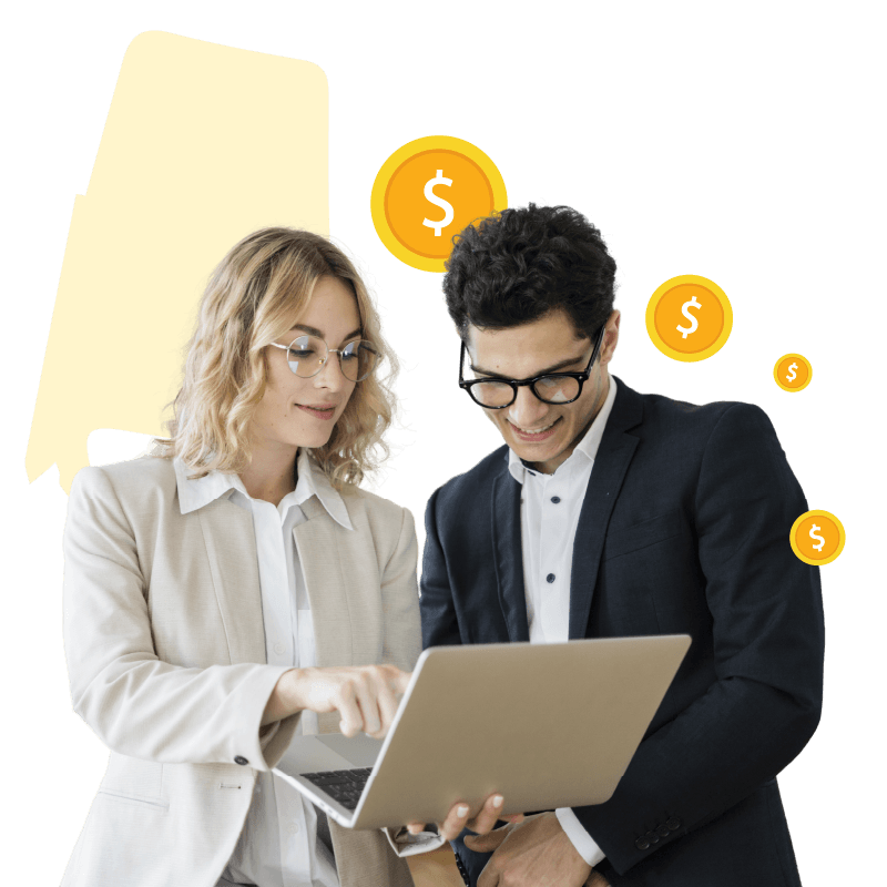Girl with yellow circle and cash graphic