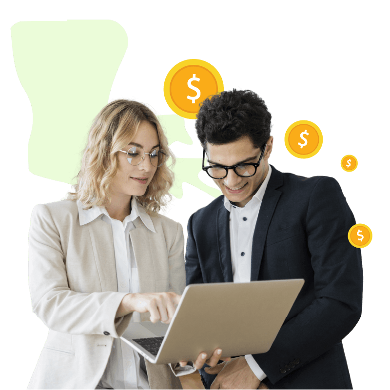 Girl with yellow circle and cash graphic